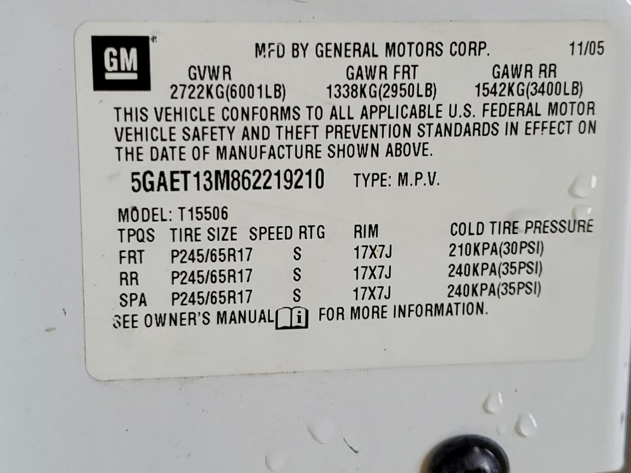 2006 Buick Rainier Cxl Белый vin: 5GAET13M862219210