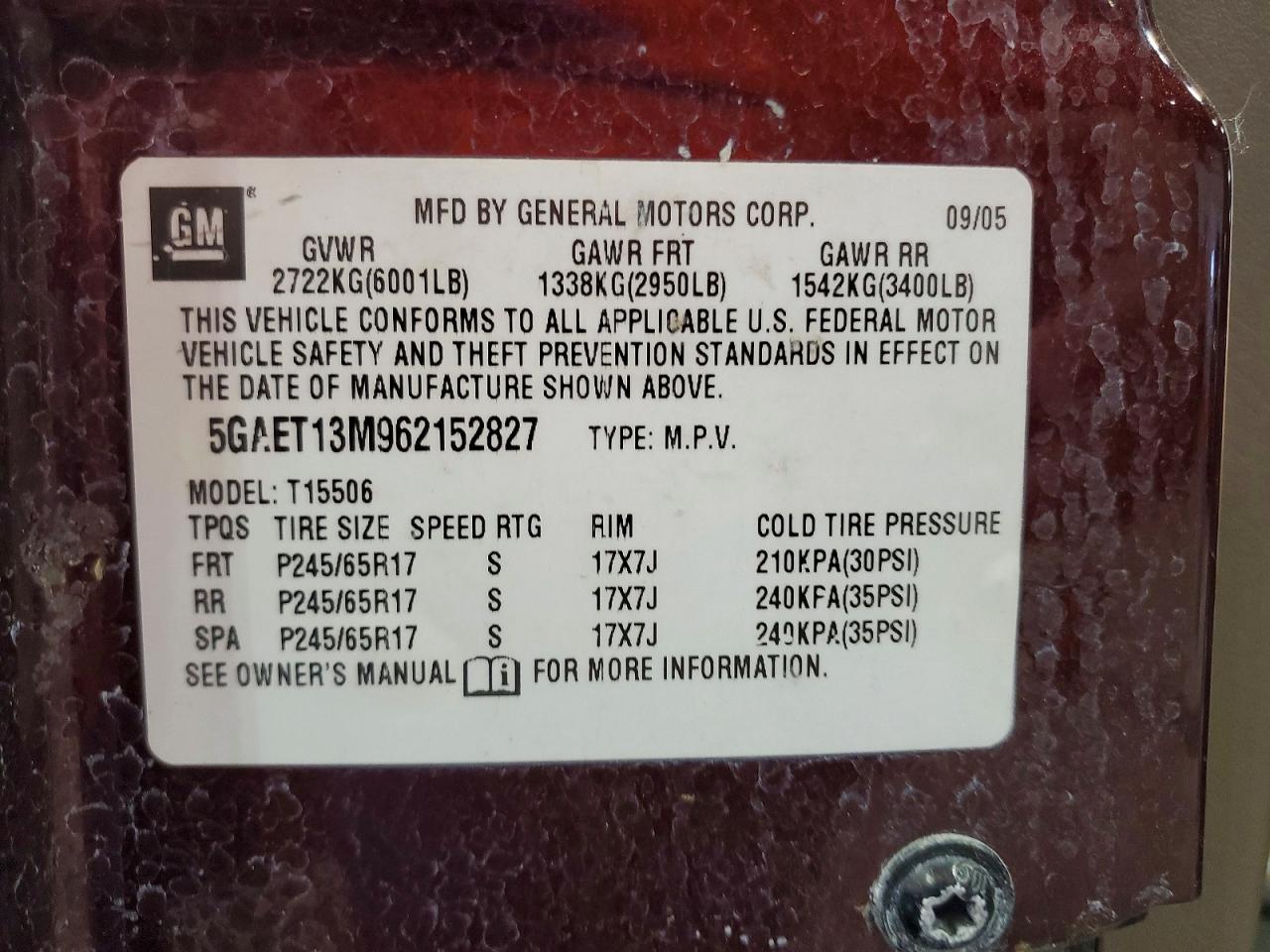 2006 Buick Rainier Cxl Maroon vin: 5GAET13M962152827