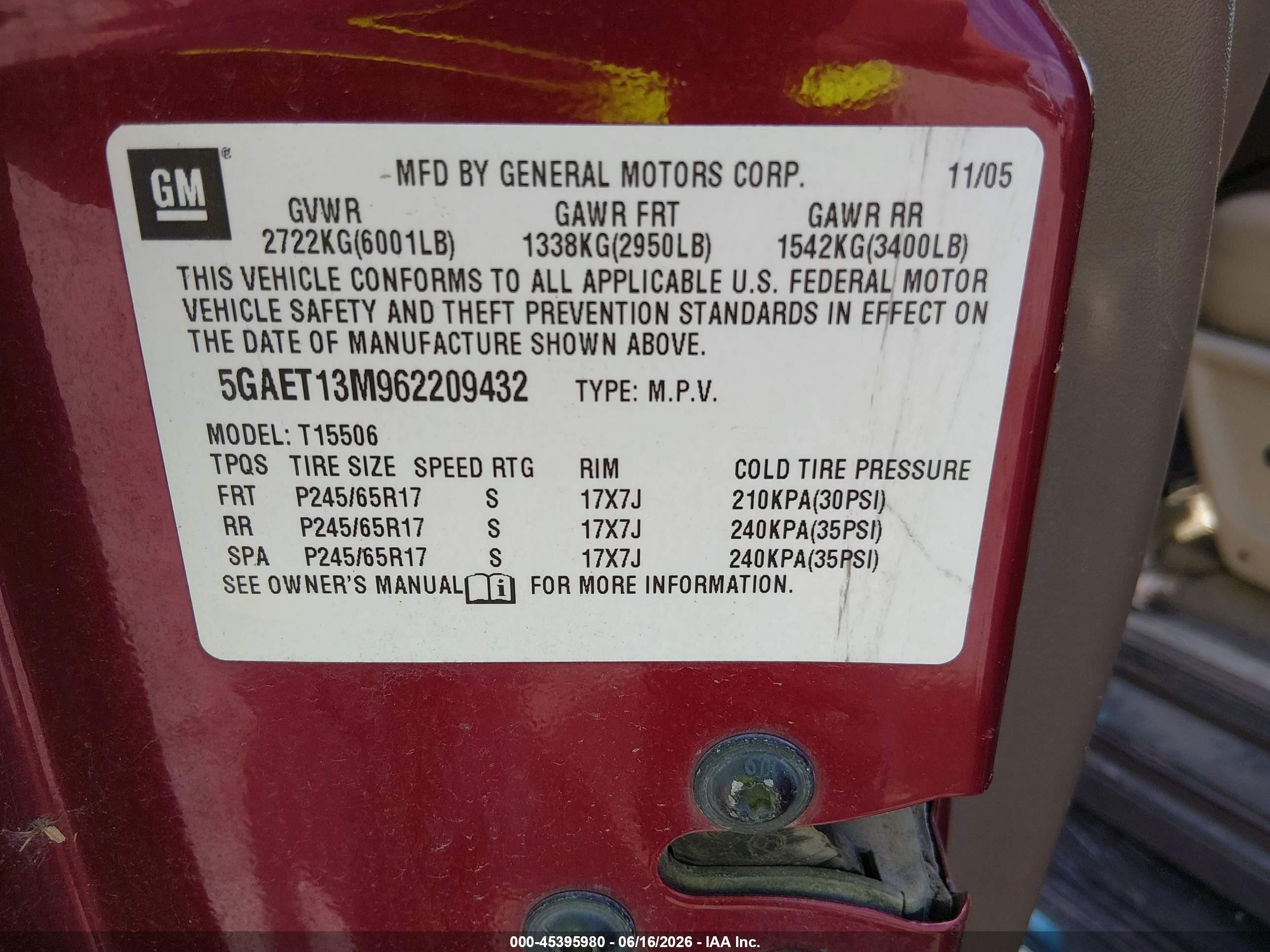 2006 Buick Rainier Cxl Red vin: 5GAET13M962209432