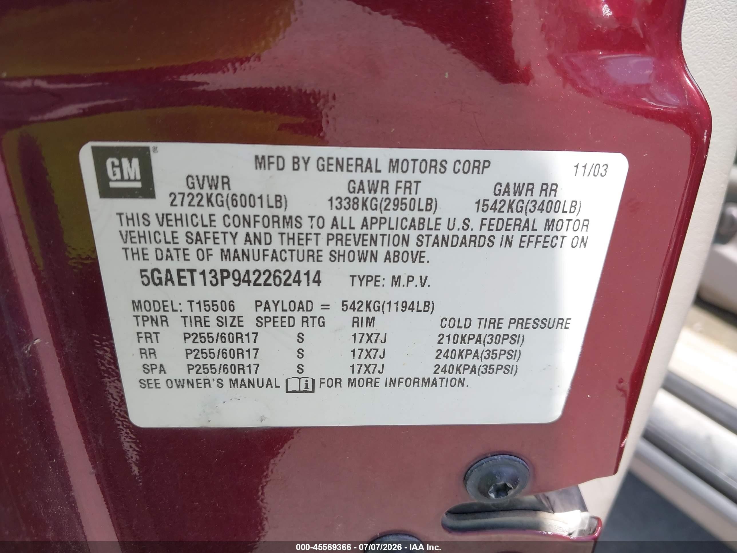 2004 Buick Rainier Cxl Maroon vin: 5GAET13P942262414