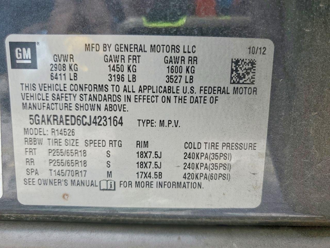 2012 Buick Enclave Charcoal vin: 5GAKRAED6CJ423164