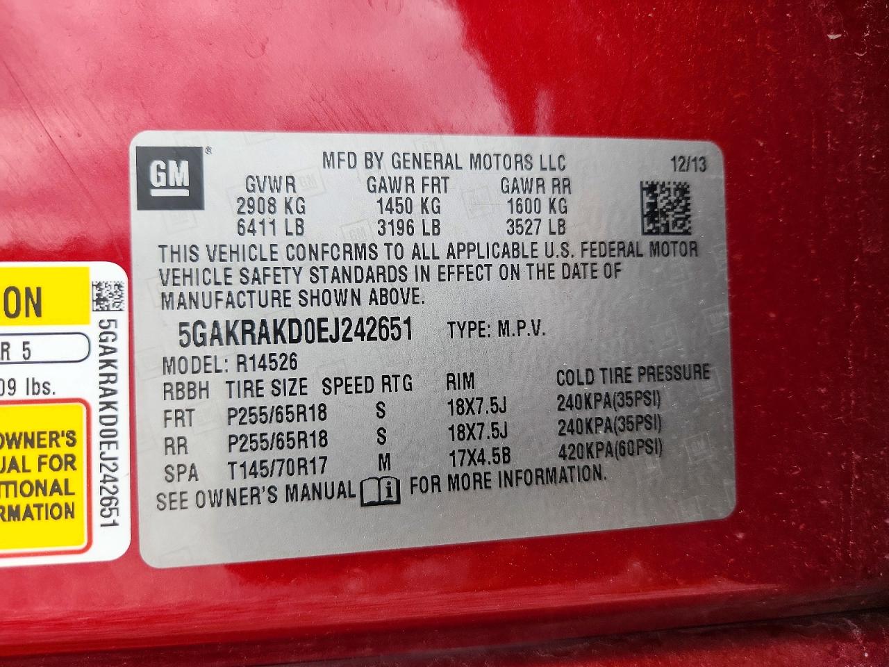 2014 Buick Enclave Red vin: 5GAKRAKD0EJ242651