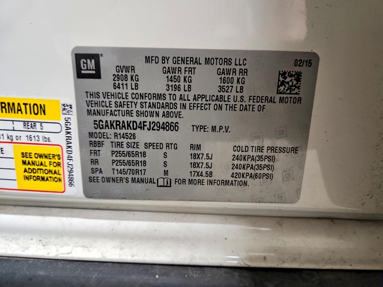 2015 Buick Enclave White vin: 5GAKRAKD4FJ294866
