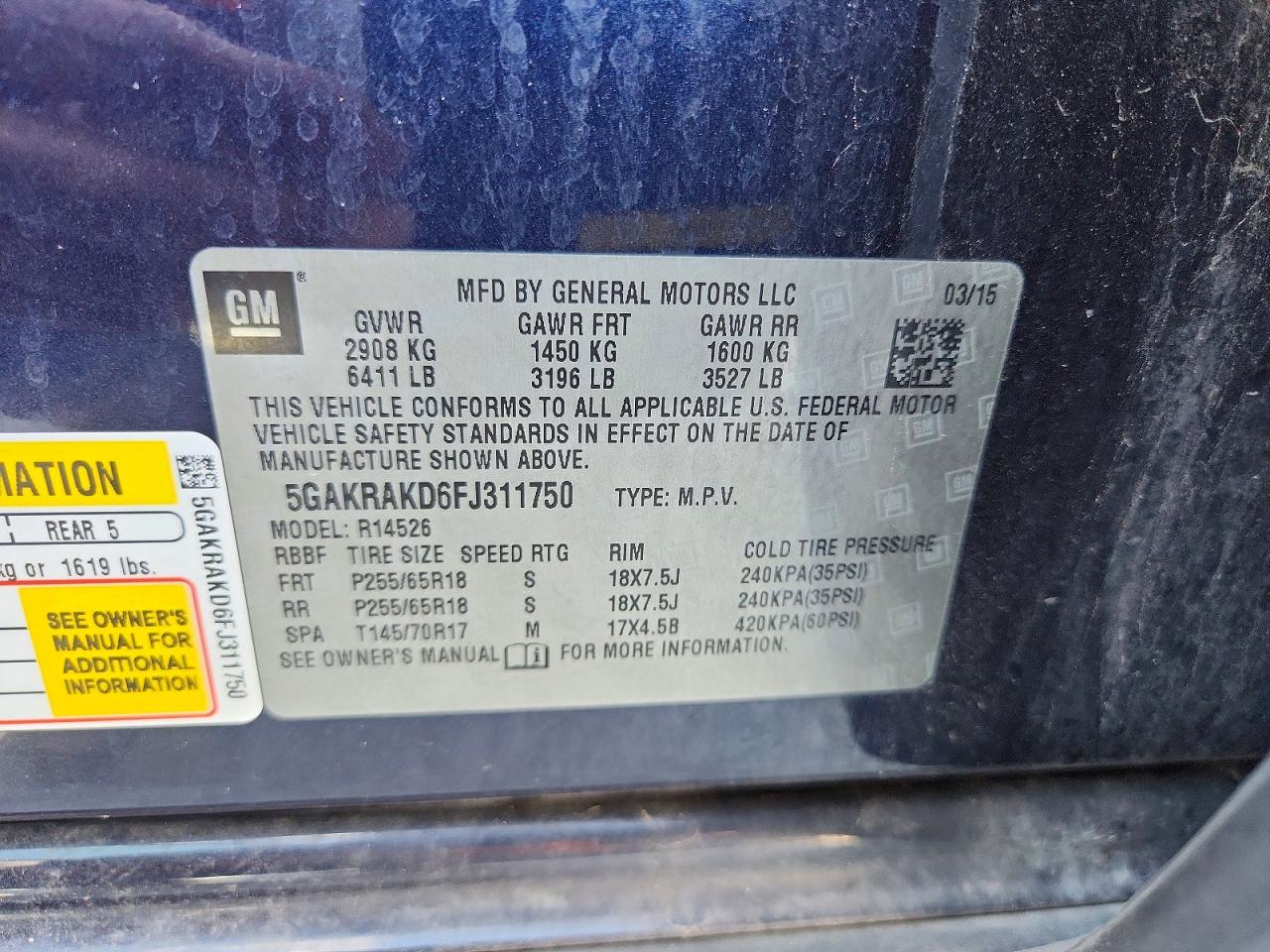 2015 Buick Enclave Синий vin: 5GAKRAKD6FJ311750