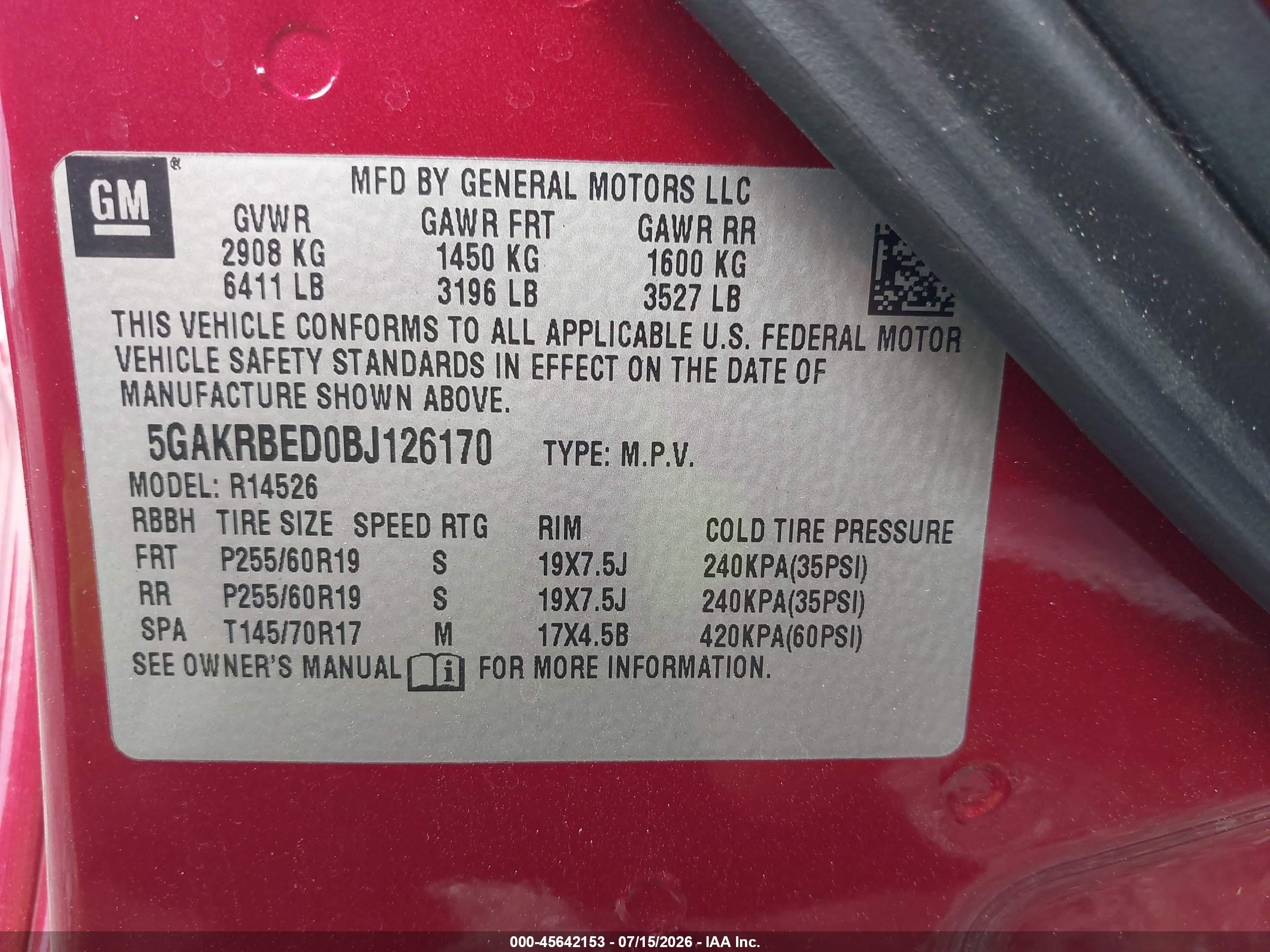 2011 Buick Enclave 1xl Red vin: 5GAKRBED0BJ126170