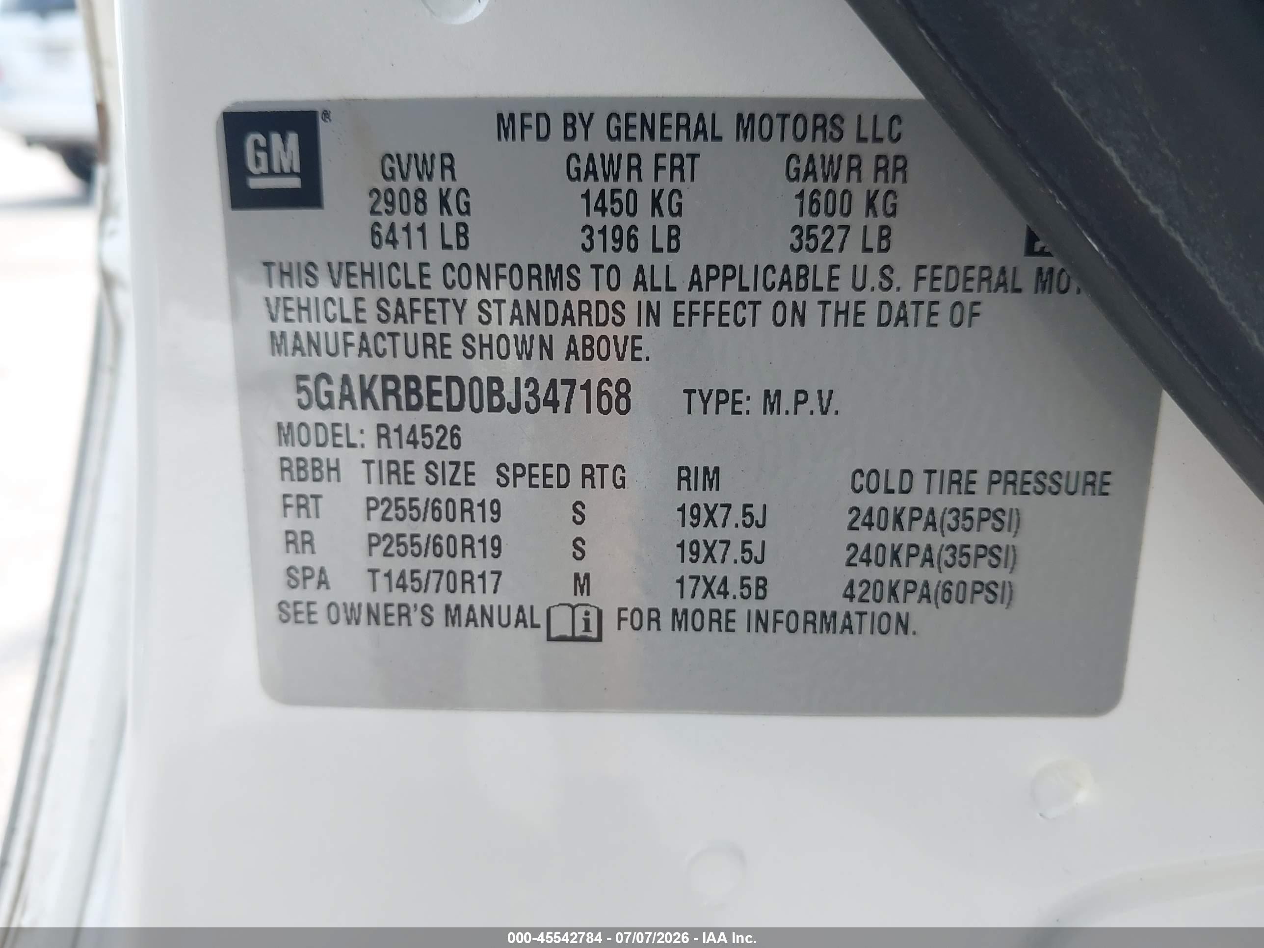 2011 Buick Enclave 1xl White vin: 5GAKRBED0BJ347168