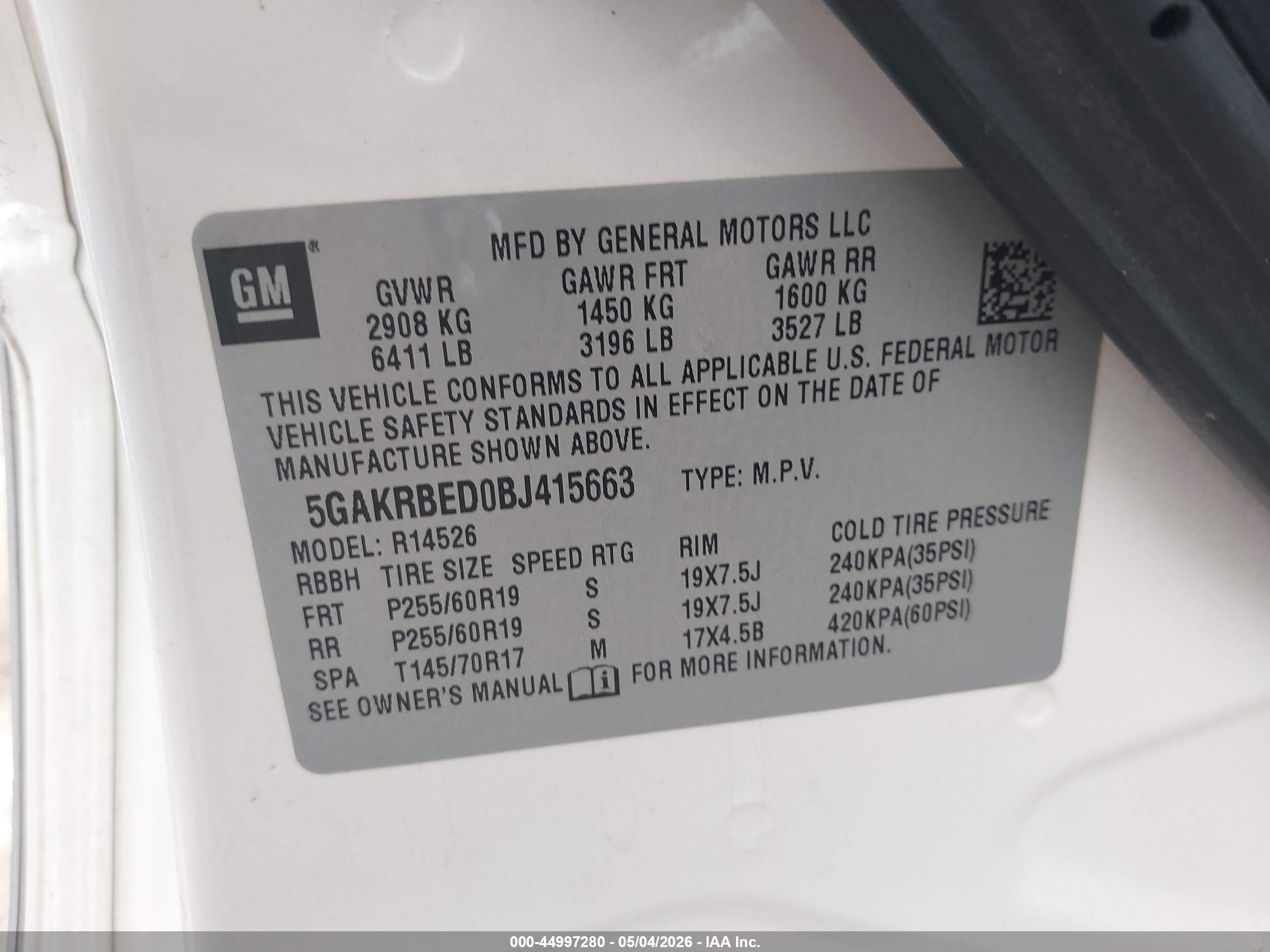 2011 Buick Enclave 1xl Белый vin: 5GAKRBED0BJ415663