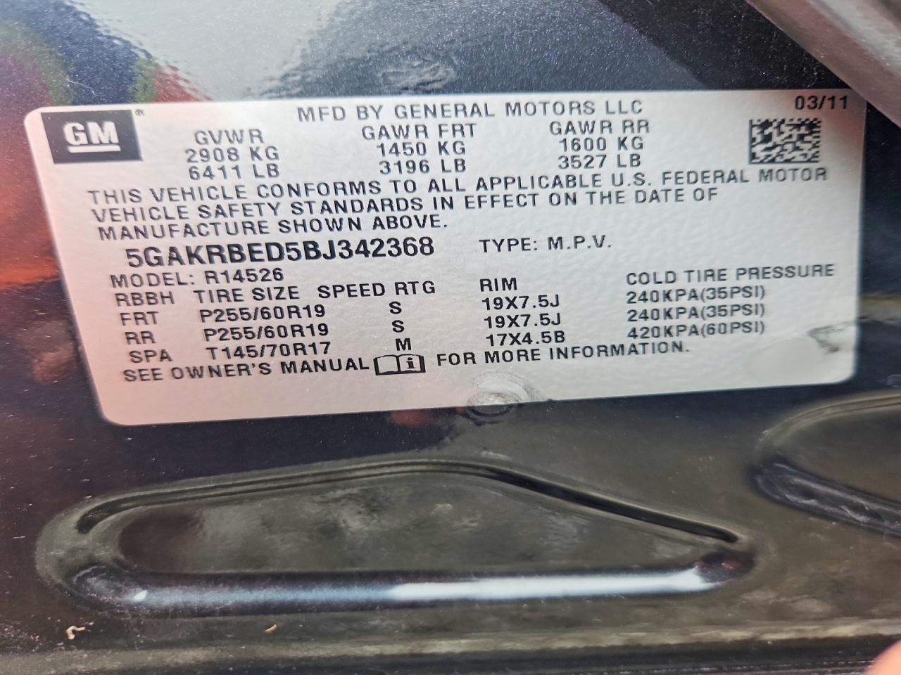 2011 Buick Enclave Cxl Black vin: 5GAKRBED5BJ342368