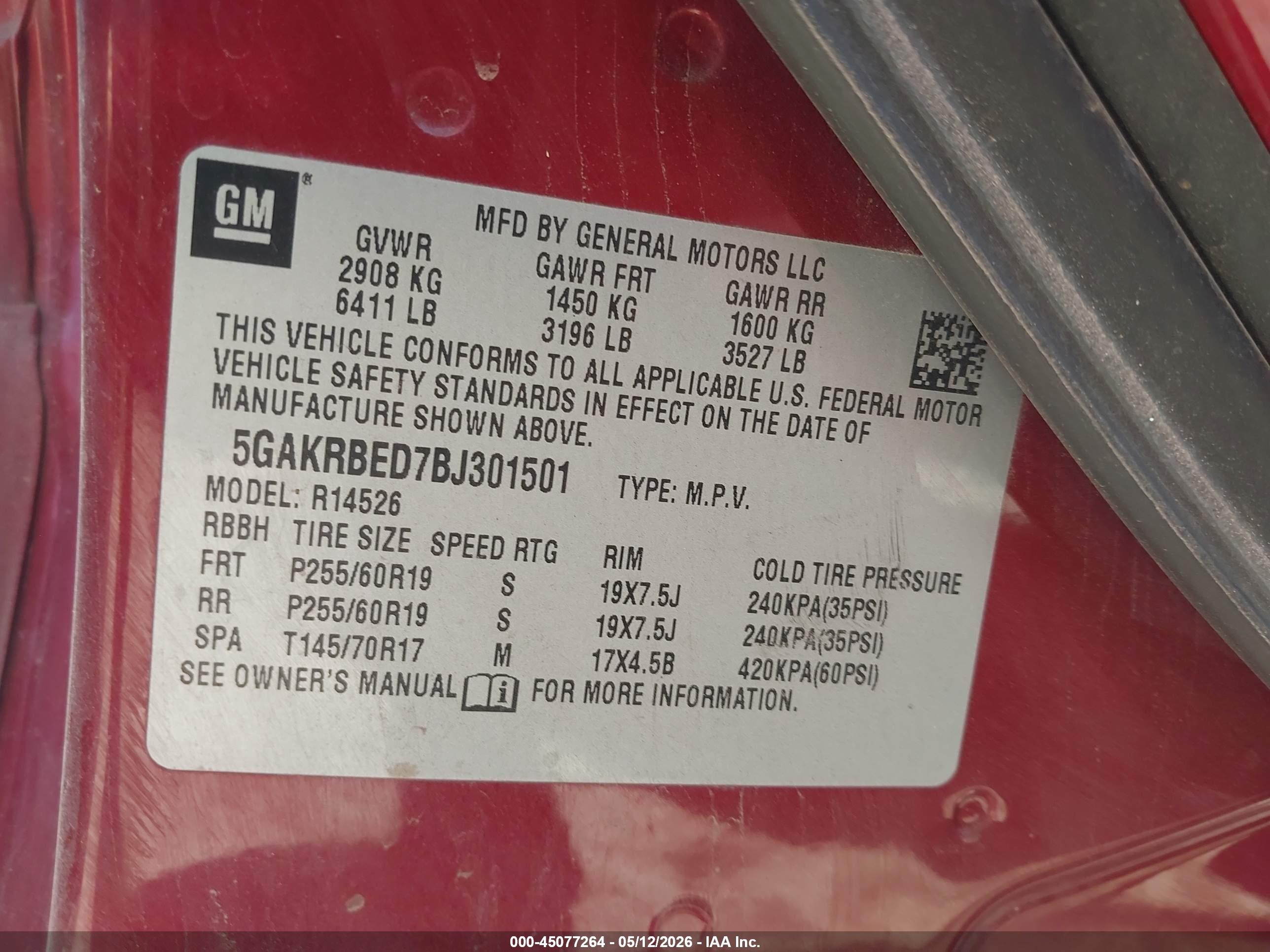 2011 Buick Enclave 1xl Red vin: 5GAKRBED7BJ301501