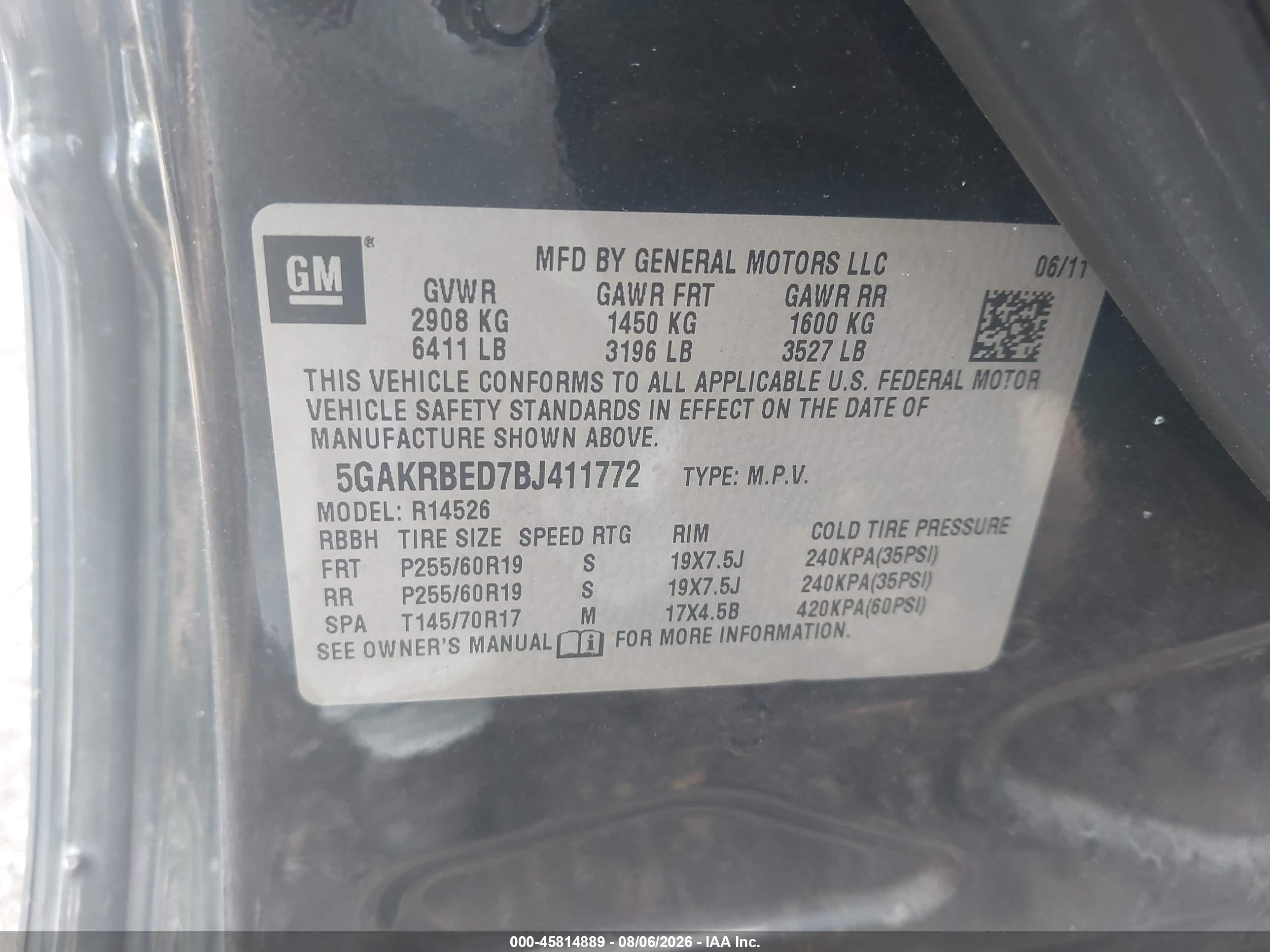 2011 Buick Enclave 1xl Black vin: 5GAKRBED7BJ411772