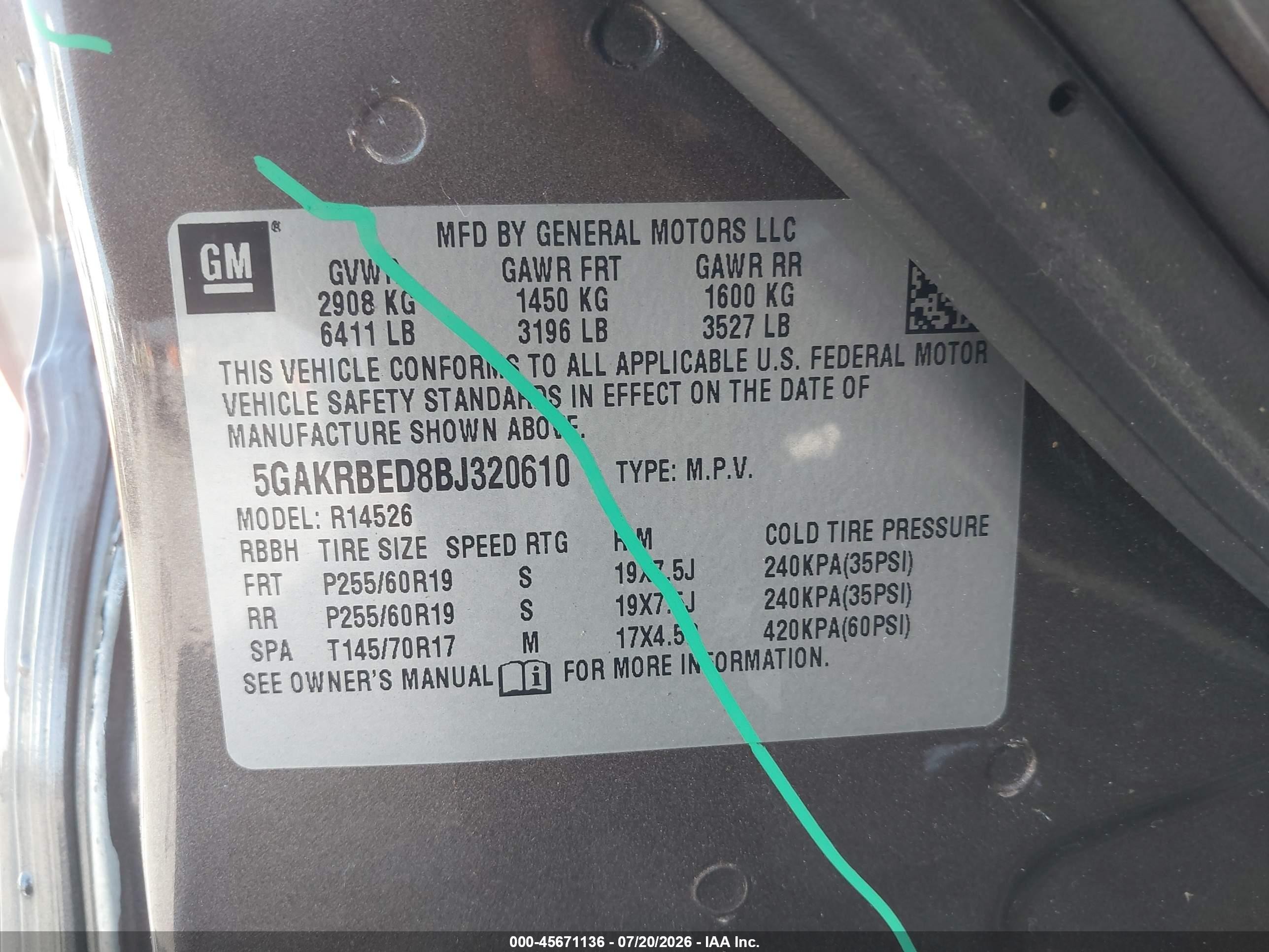 2011 Buick Enclave 1xl Champagne vin: 5GAKRBED8BJ320610