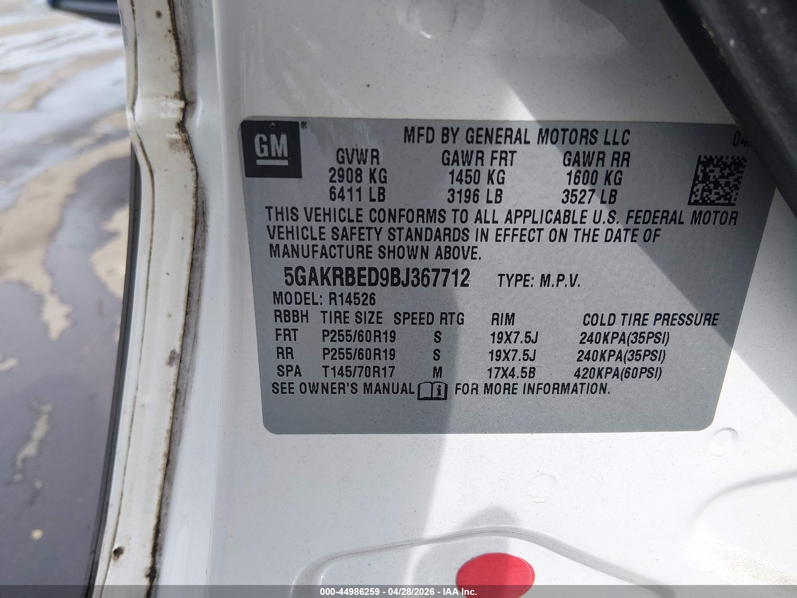 2011 Buick Enclave 1xl White vin: 5GAKRBED9BJ367712