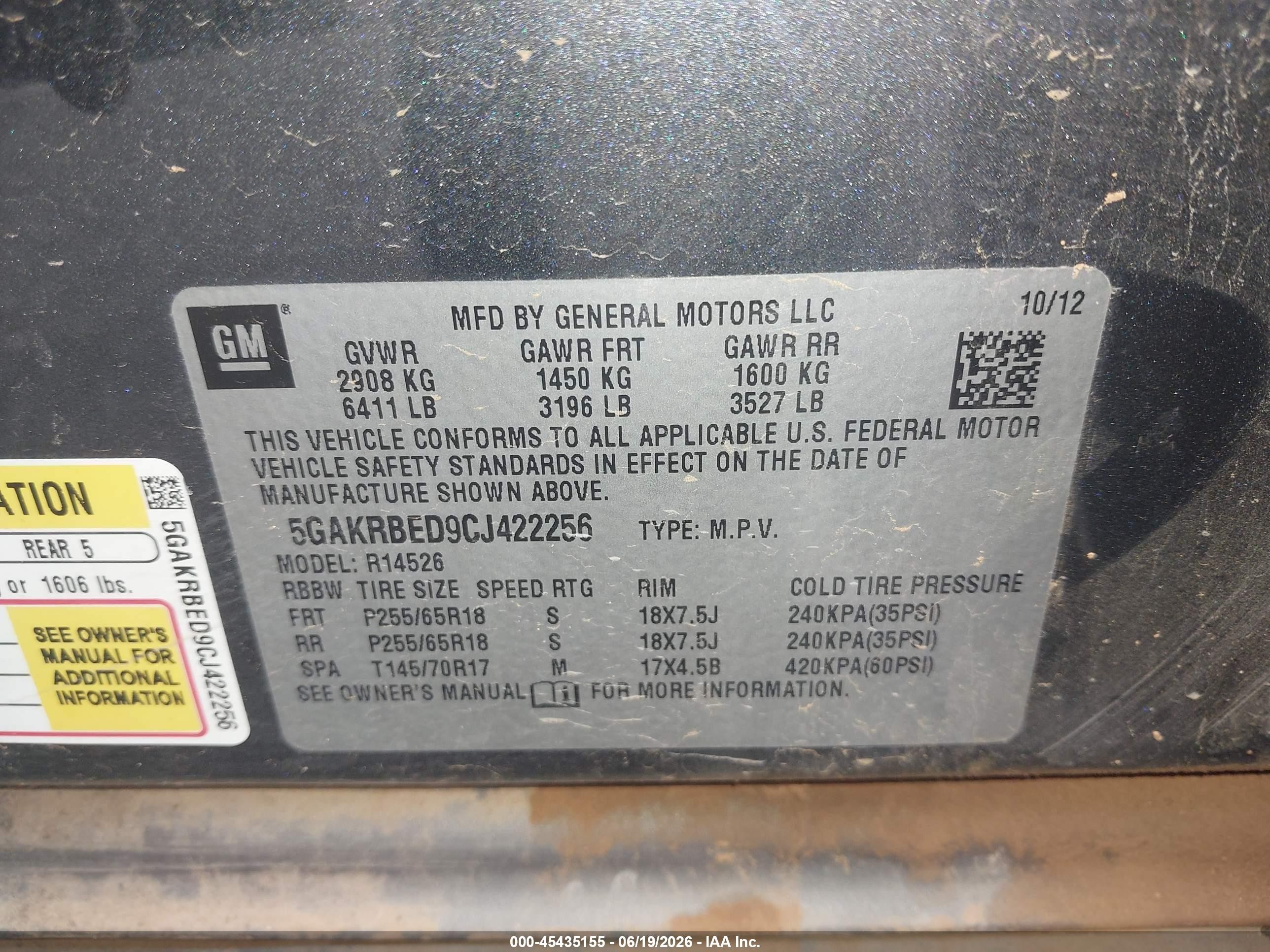 2012 Buick Enclave Convenience Gray vin: 5GAKRBED9CJ422256