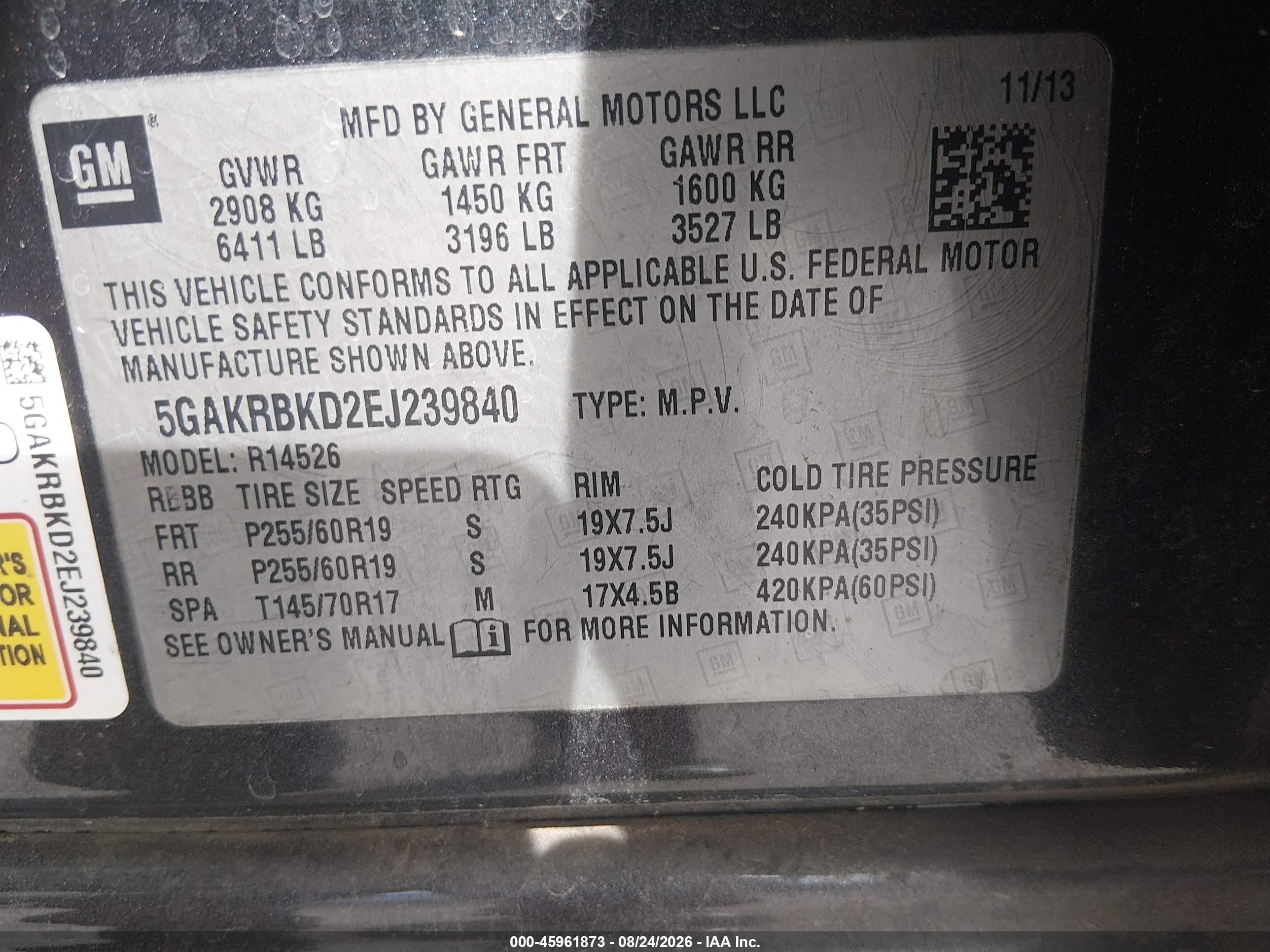 2014 Buick Enclave Leather Gray vin: 5GAKRBKD2EJ239840