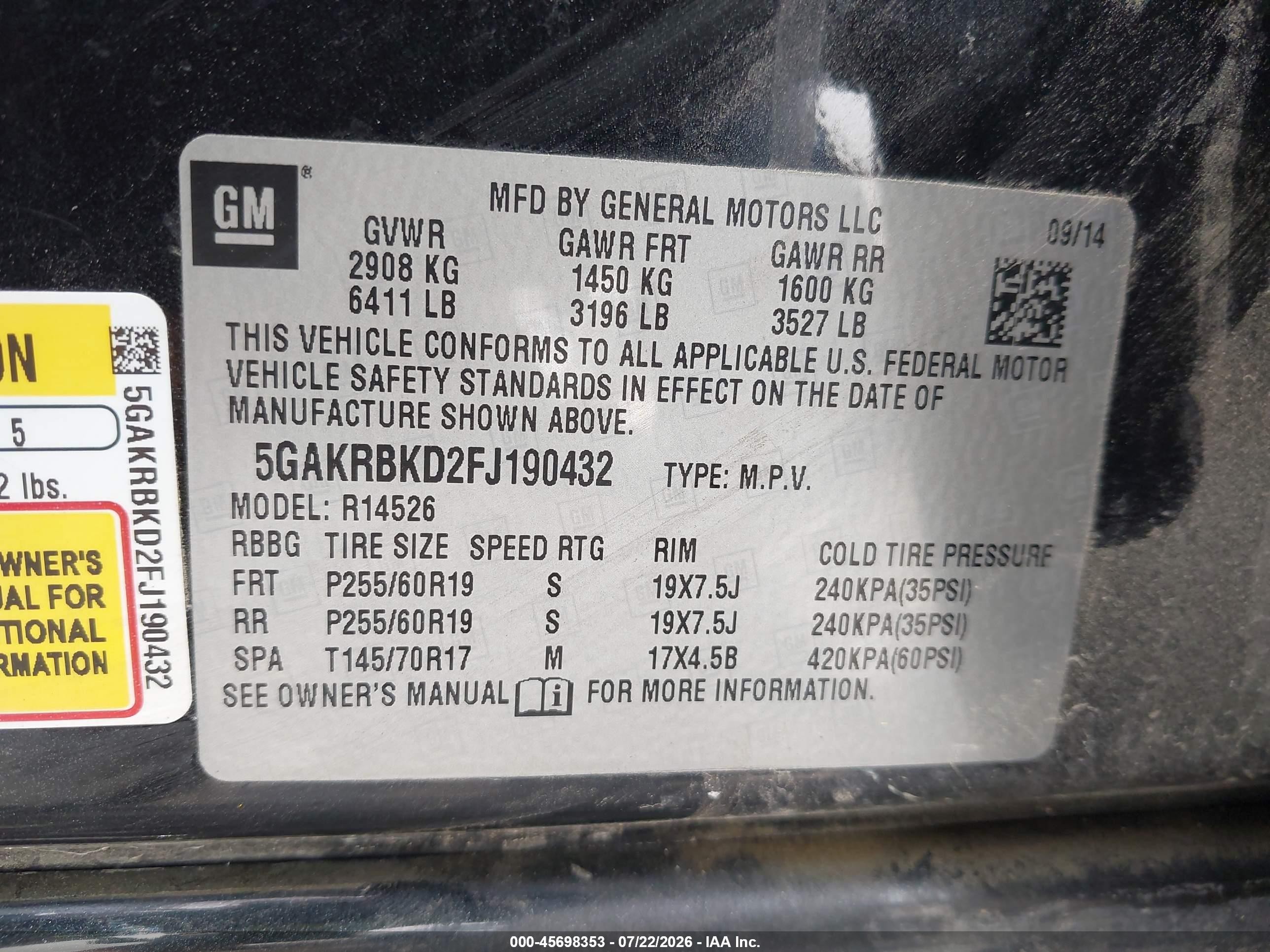 2015 Buick Enclave Leather Black vin: 5GAKRBKD2FJ190432