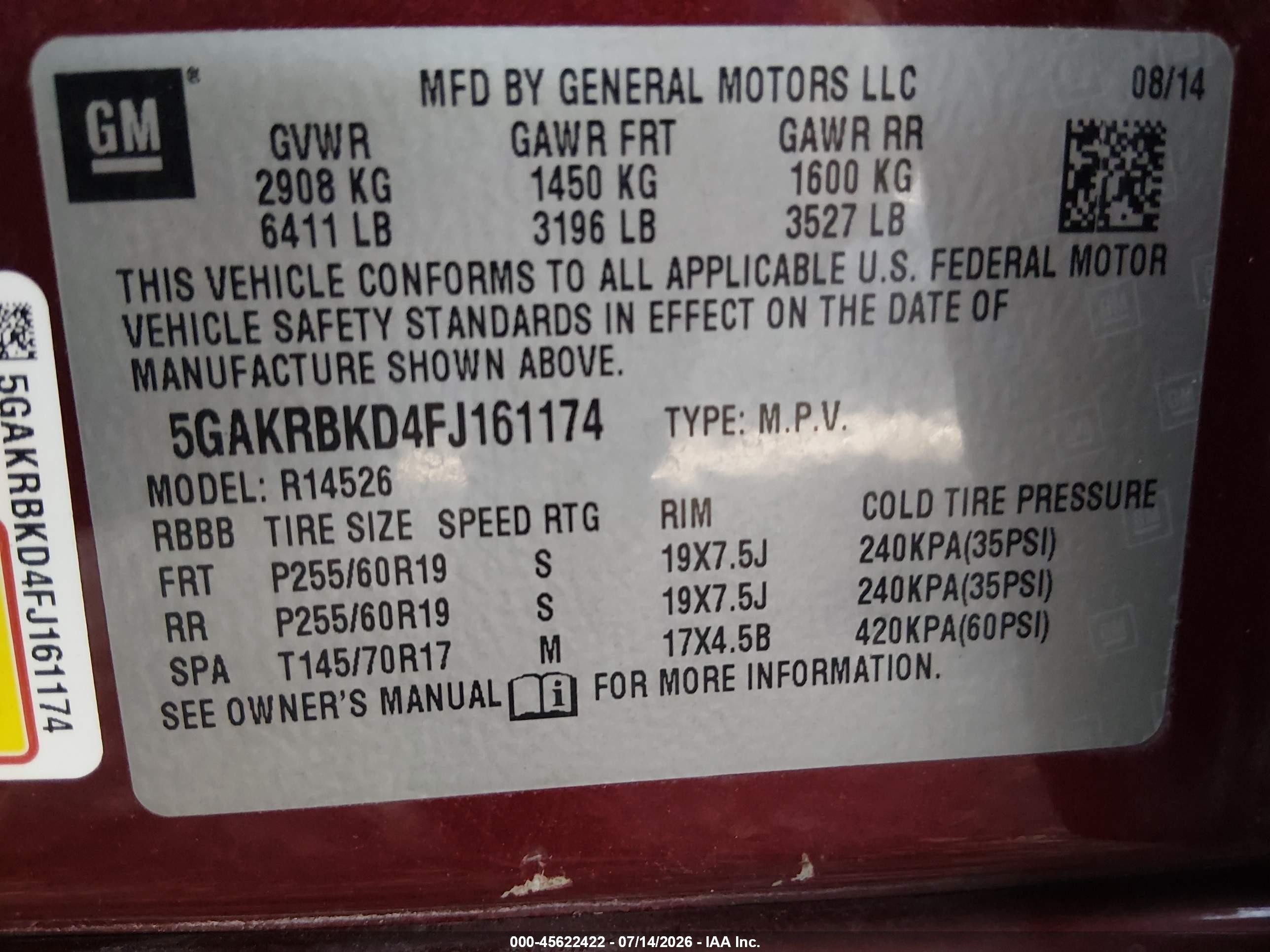 2015 Buick Enclave Leather Burgundy vin: 5GAKRBKD4FJ161174