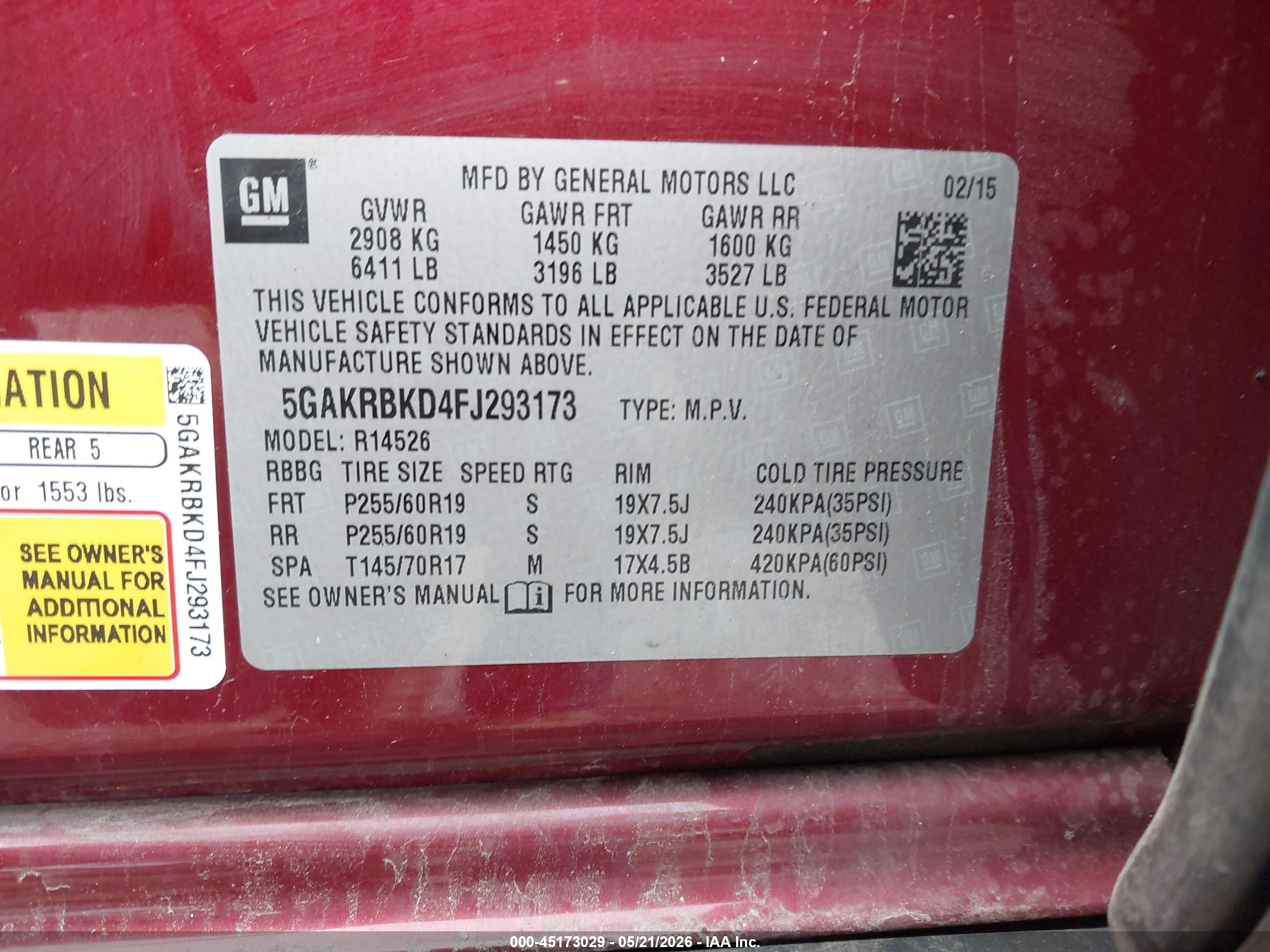 2015 Buick Enclave Leather Burgundy vin: 5GAKRBKD4FJ293173