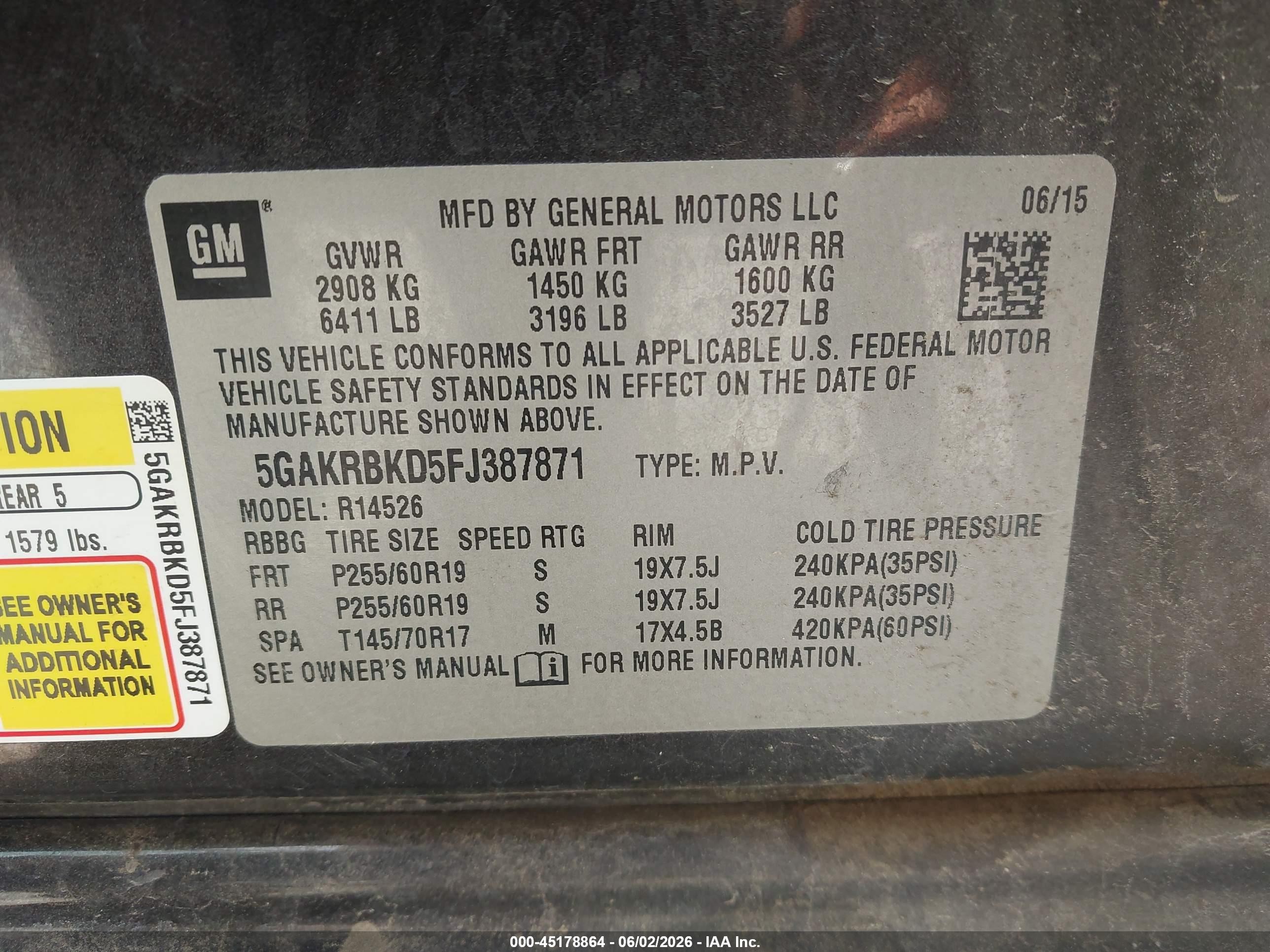 2015 Buick Enclave Leather Black vin: 5GAKRBKD5FJ387871