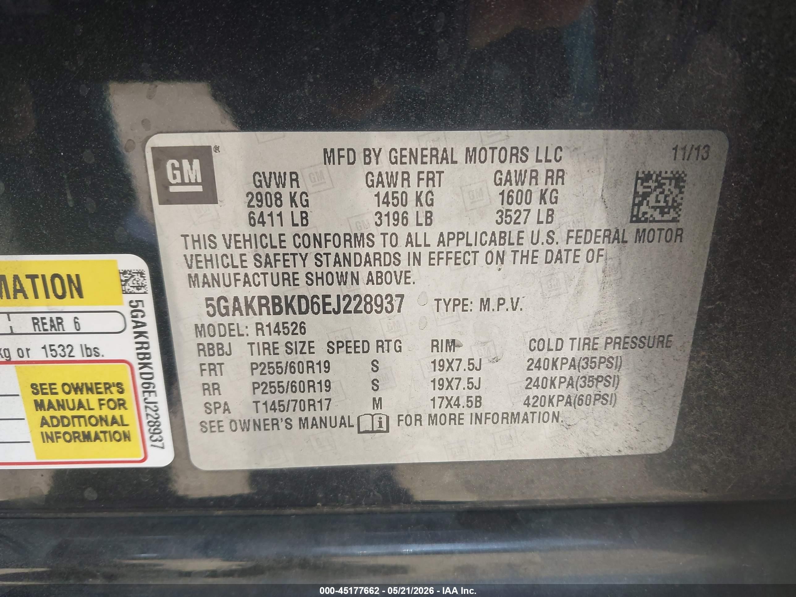 2014 Buick Enclave Leather Black vin: 5GAKRBKD6EJ228937