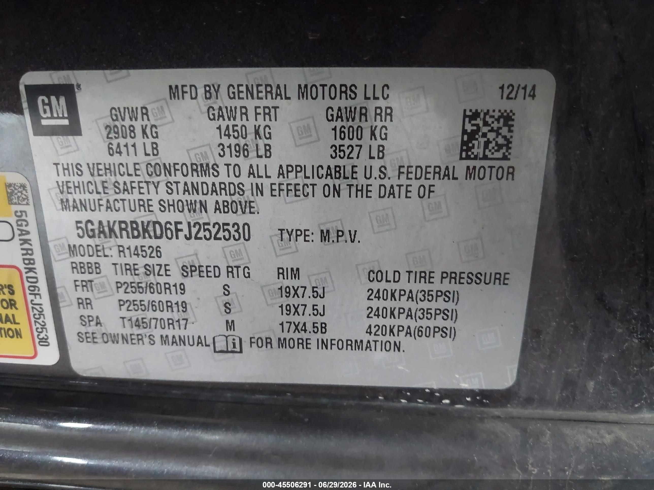 2015 Buick Enclave Leather Gray vin: 5GAKRBKD6FJ252530