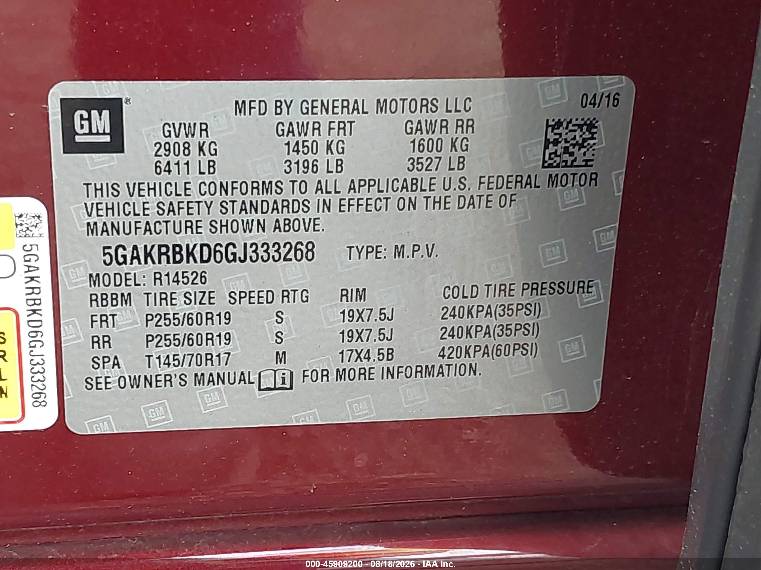 2016 Buick Enclave Leather Red vin: 5GAKRBKD6GJ333268