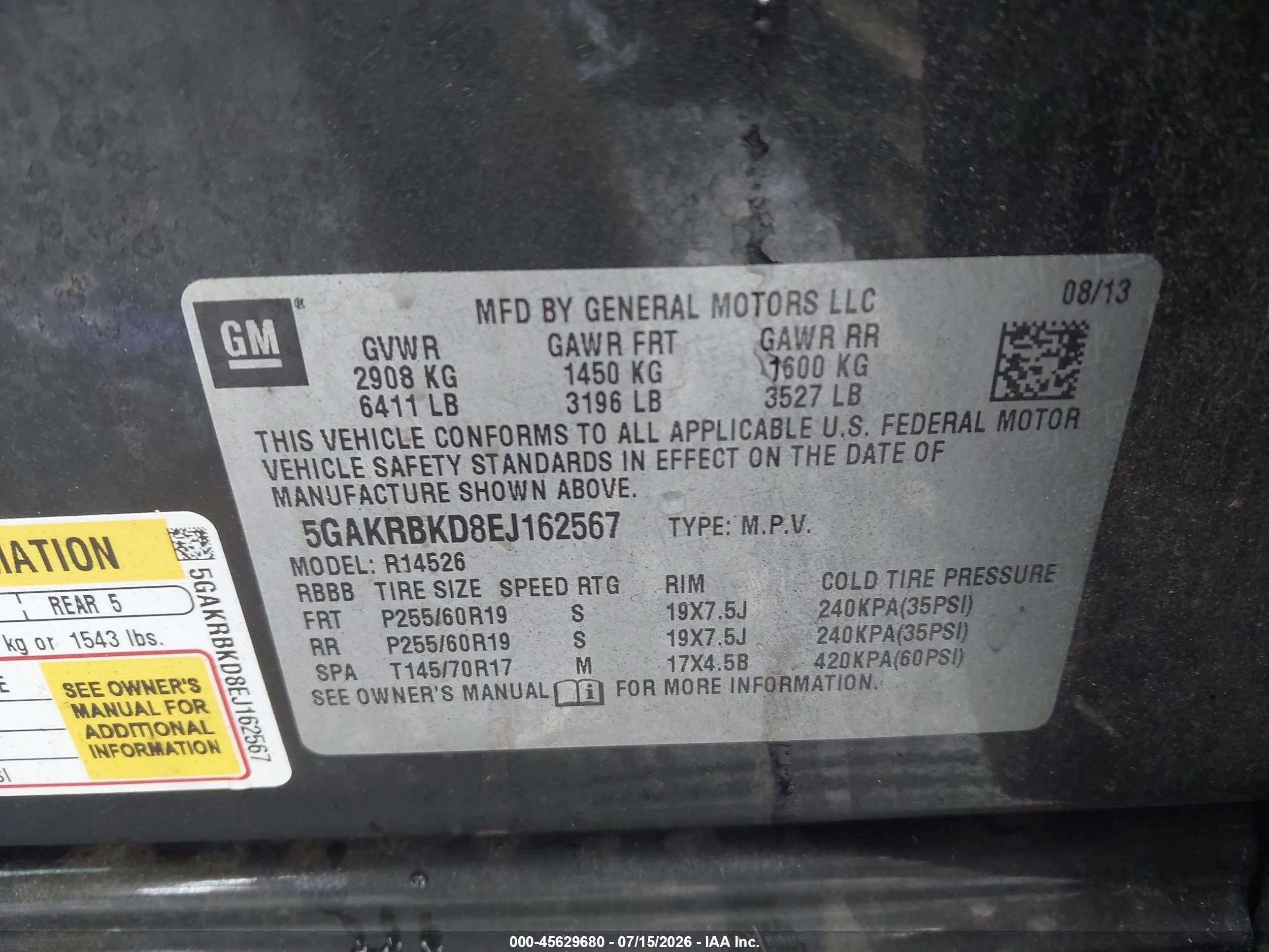 2014 Buick Enclave Leather Black vin: 5GAKRBKD8EJ162567