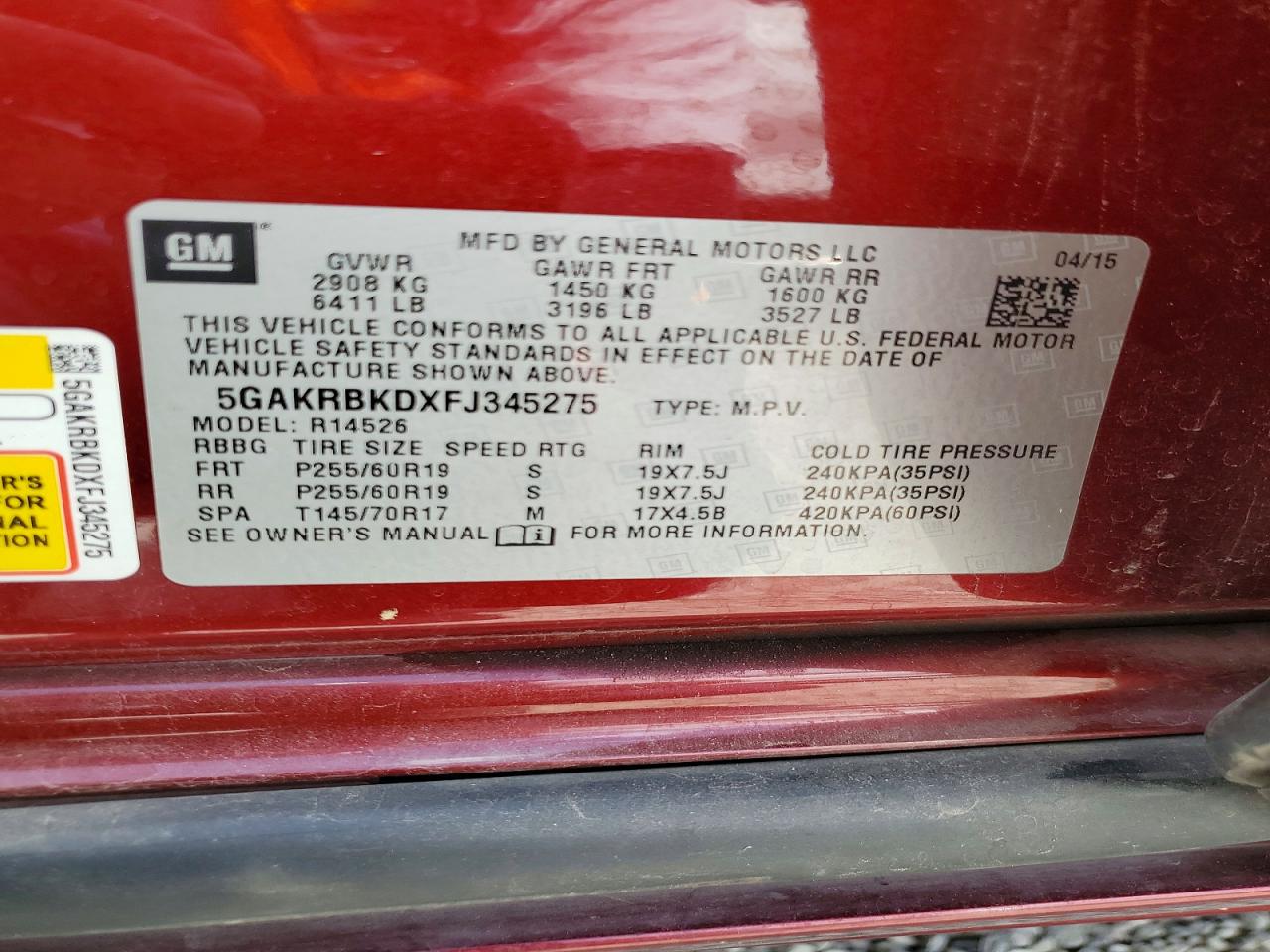 2015 Buick Enclave Red vin: 5GAKRBKDXFJ345275