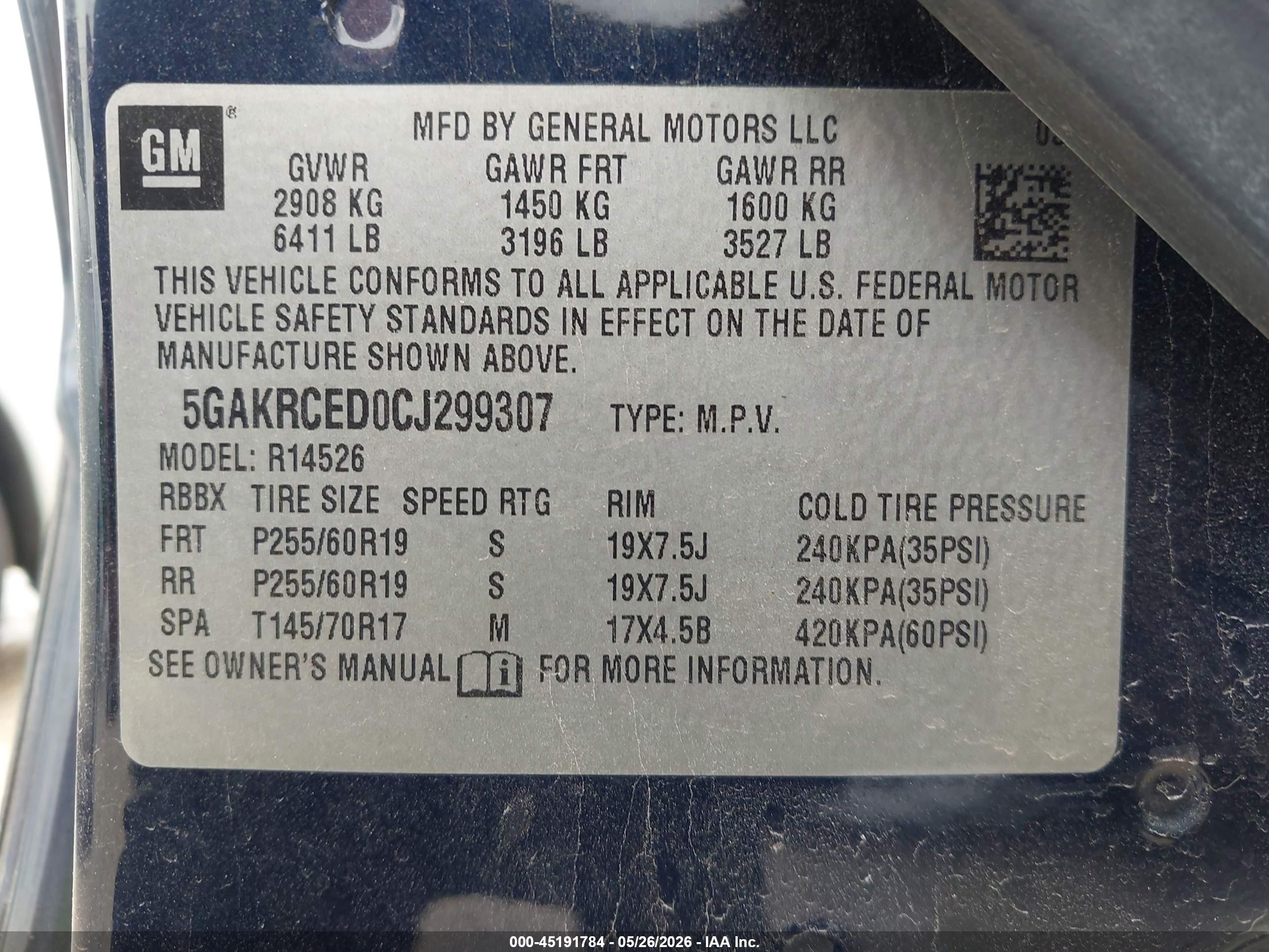 2012 Buick Enclave Leather Dark Blue vin: 5GAKRCED0CJ299307