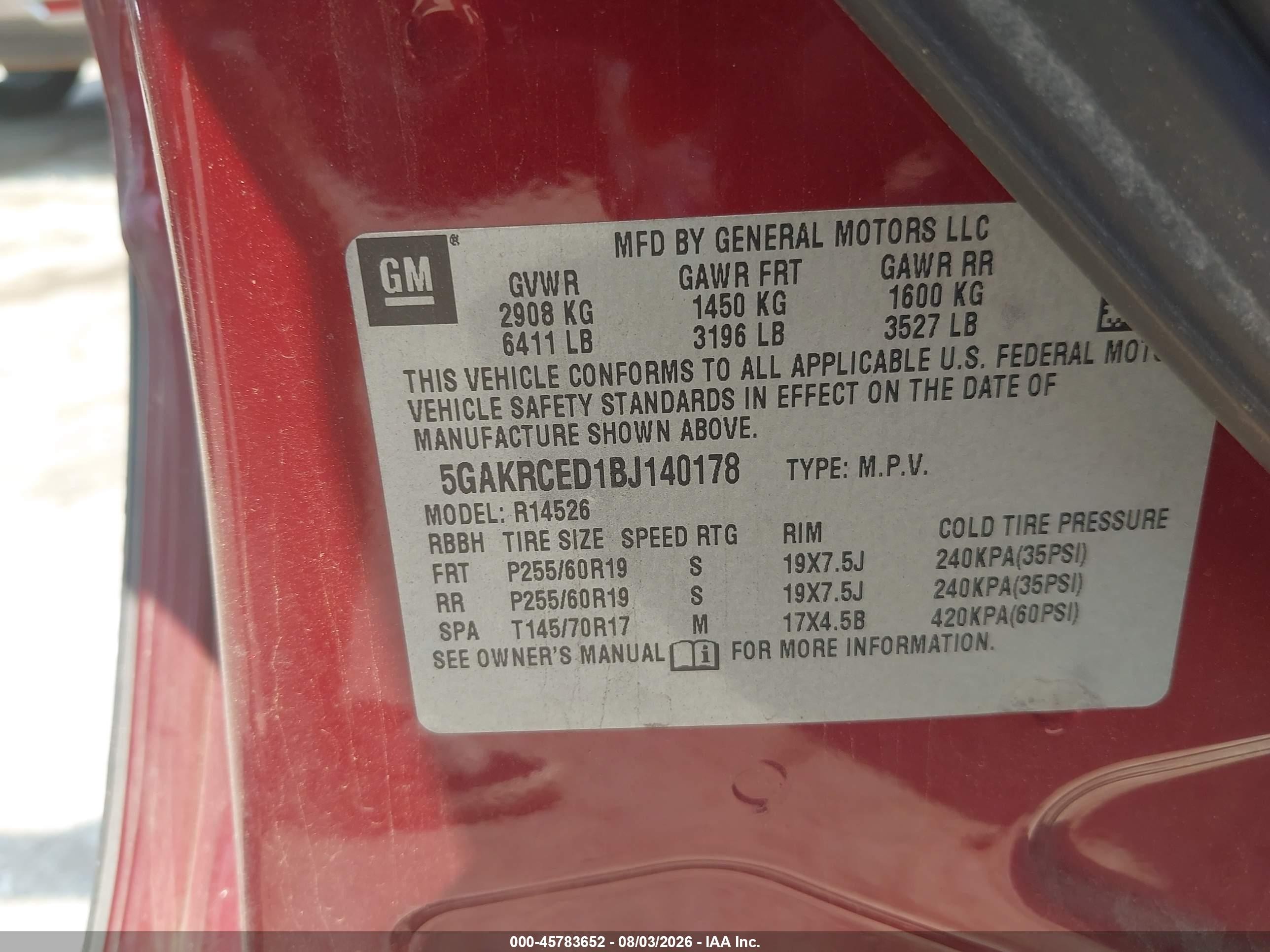 2011 Buick Enclave 2xl Red vin: 5GAKRCED1BJ140178