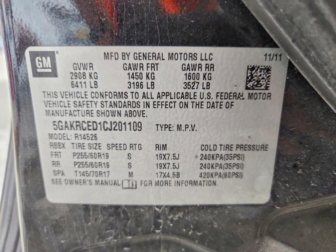 2012 Buick Enclave Charcoal vin: 5GAKRCED1CJ201109