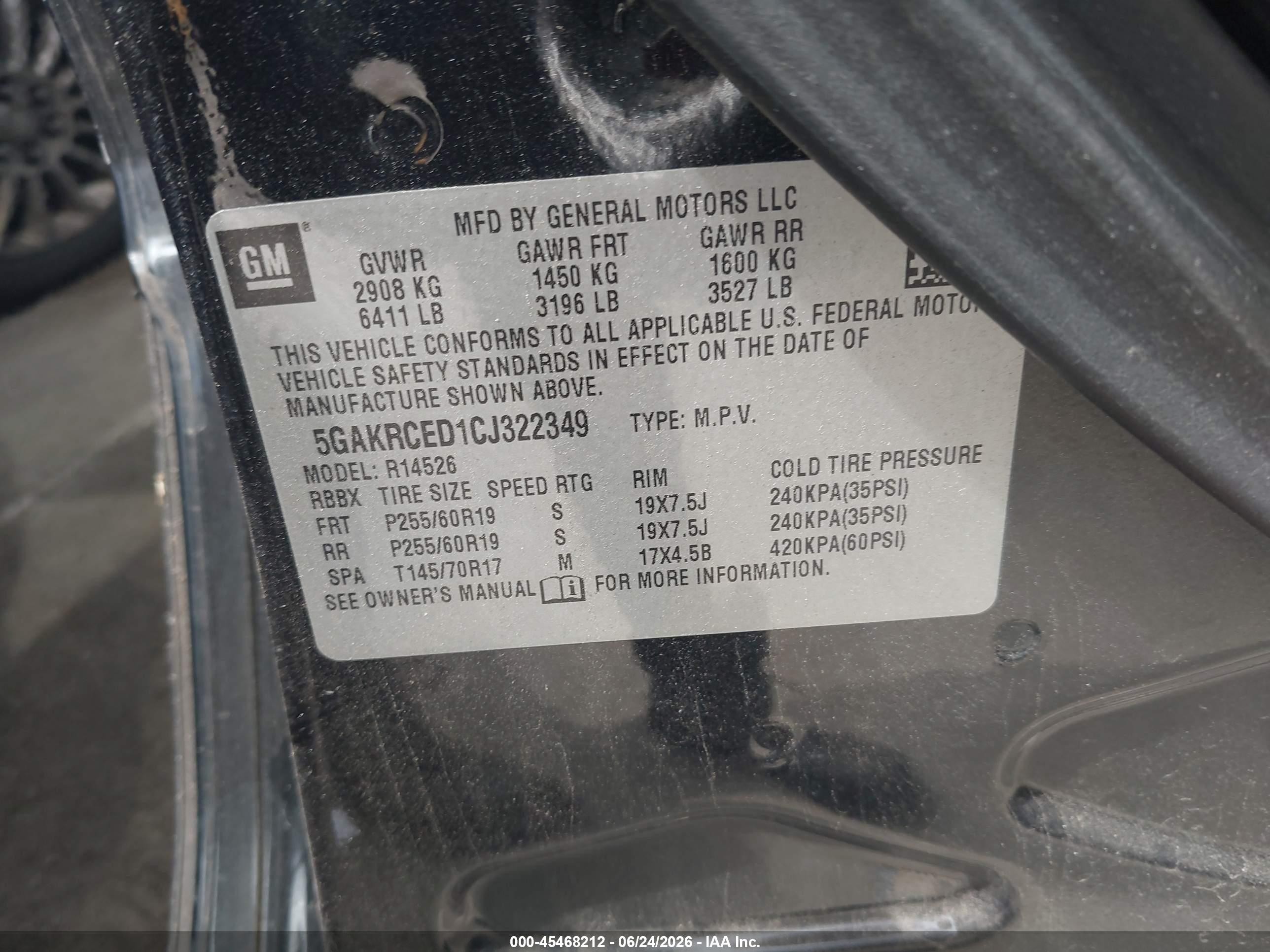 2012 Buick Enclave Leather Gray vin: 5GAKRCED1CJ322349