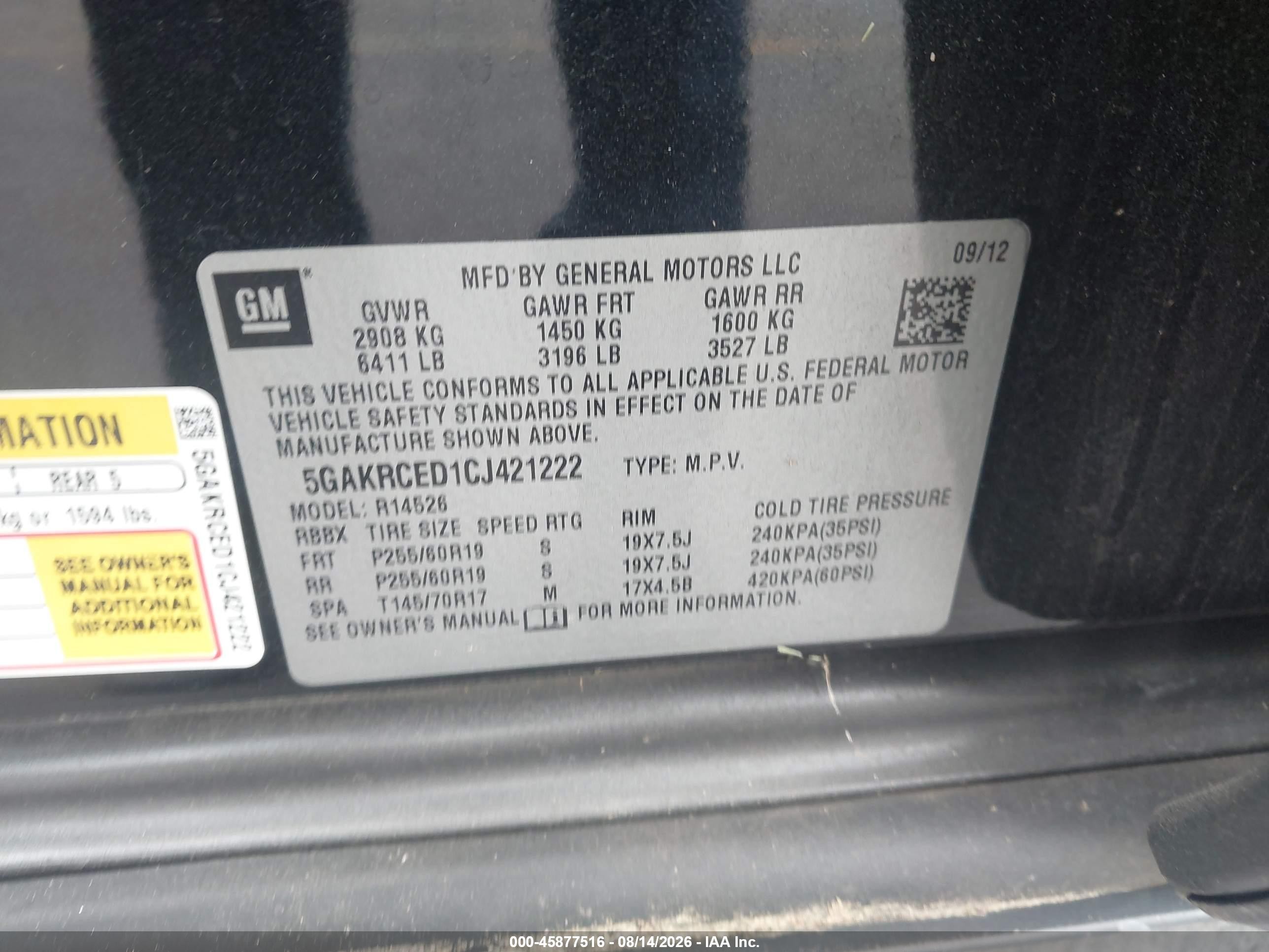2012 Buick Enclave Leather Black vin: 5GAKRCED1CJ421222