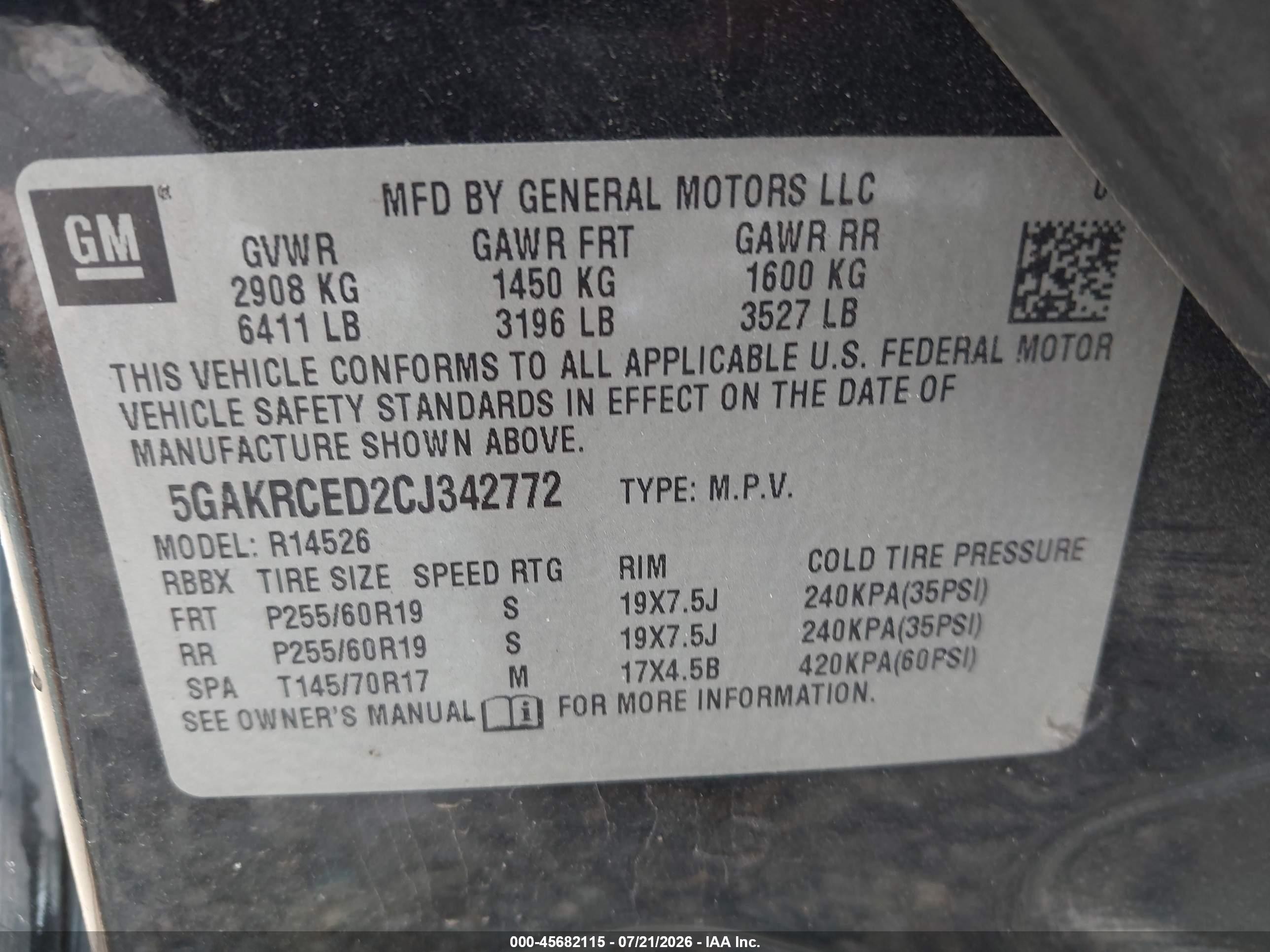 2012 Buick Enclave Leather Black vin: 5GAKRCED2CJ342772