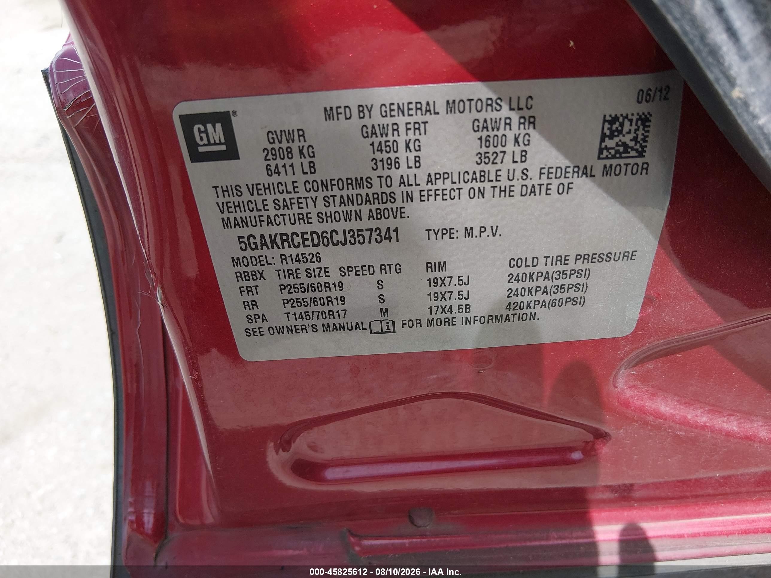 2012 Buick Enclave Leather Красный vin: 5GAKRCED6CJ357341