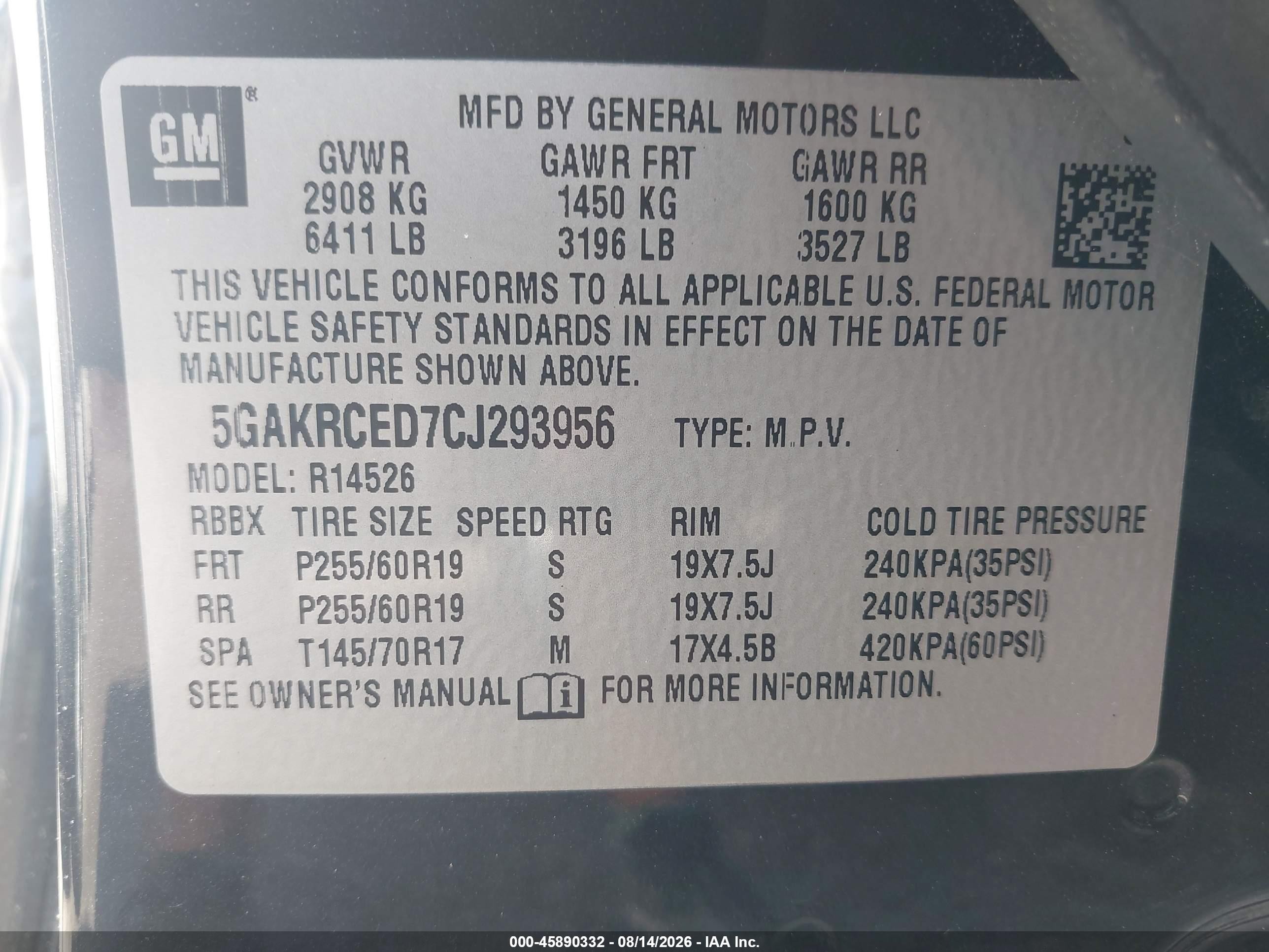 2012 Buick Enclave Leather Black vin: 5GAKRCED7CJ293956