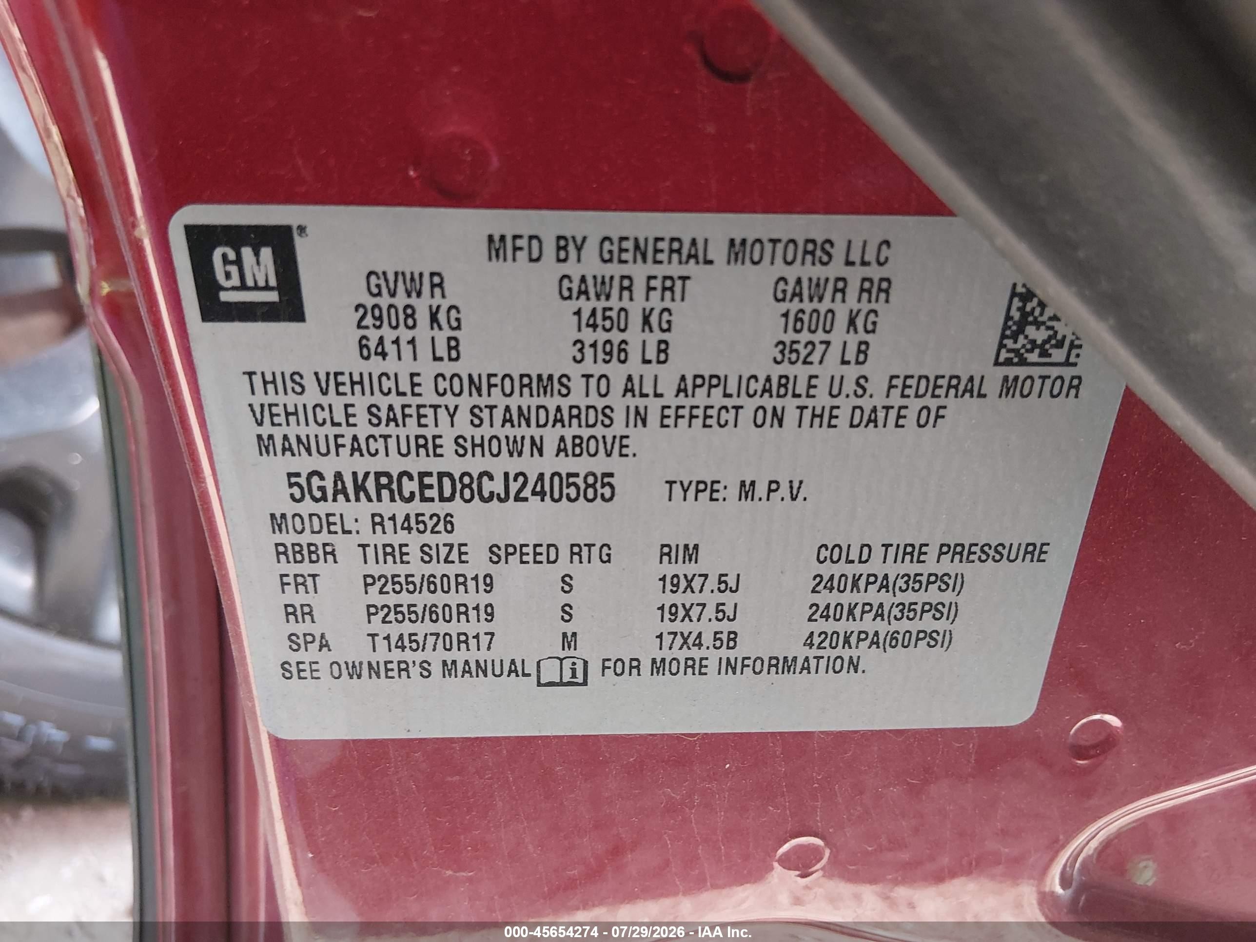 2012 Buick Enclave Leather Red vin: 5GAKRCED8CJ240585