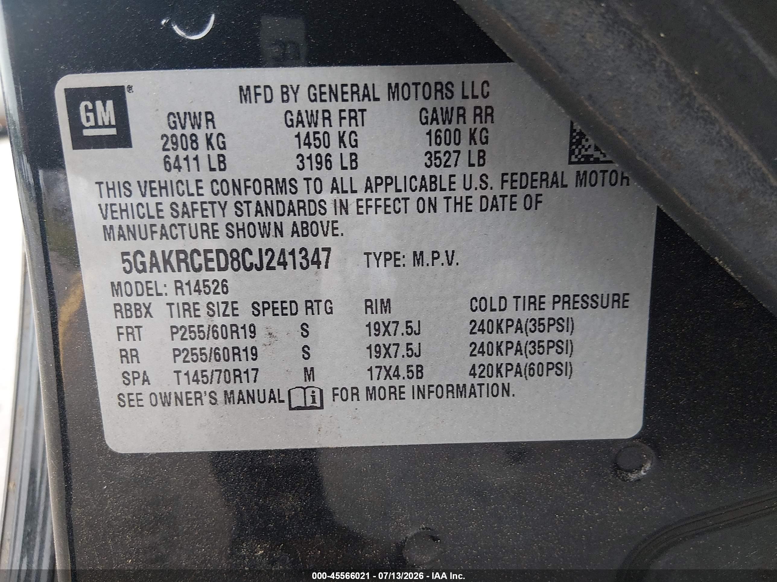 2012 Buick Enclave Leather Black vin: 5GAKRCED8CJ241347