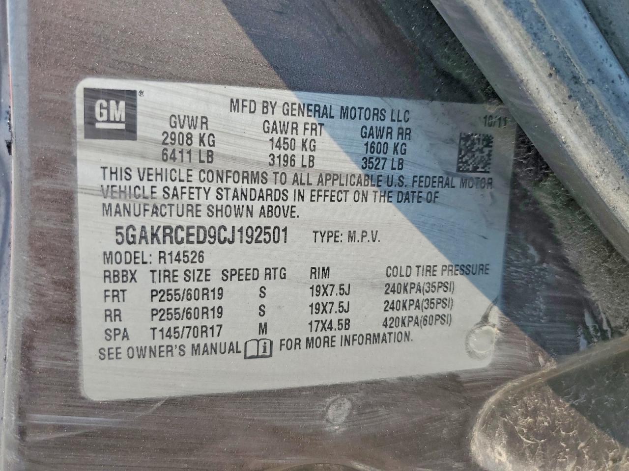 2012 Buick Enclave Угольный vin: 5GAKRCED9CJ192501