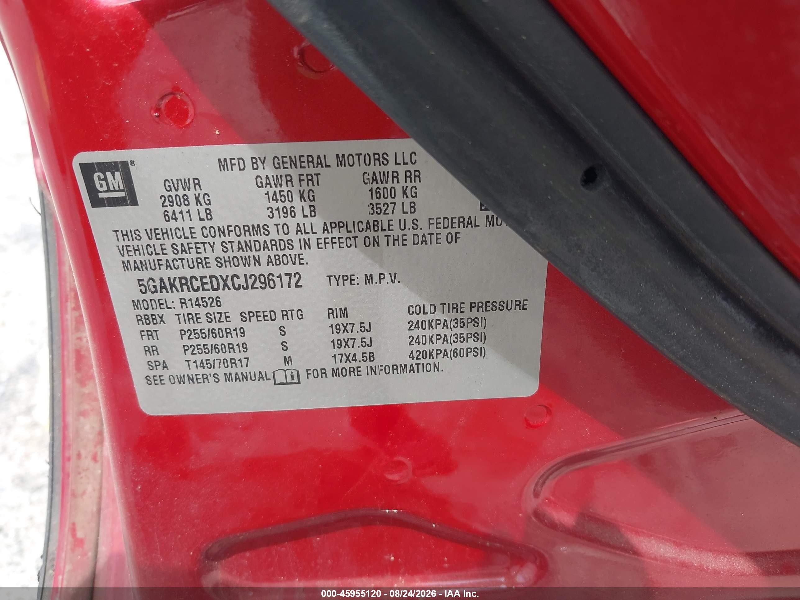 2012 Buick Enclave Leather Red vin: 5GAKRCEDXCJ296172
