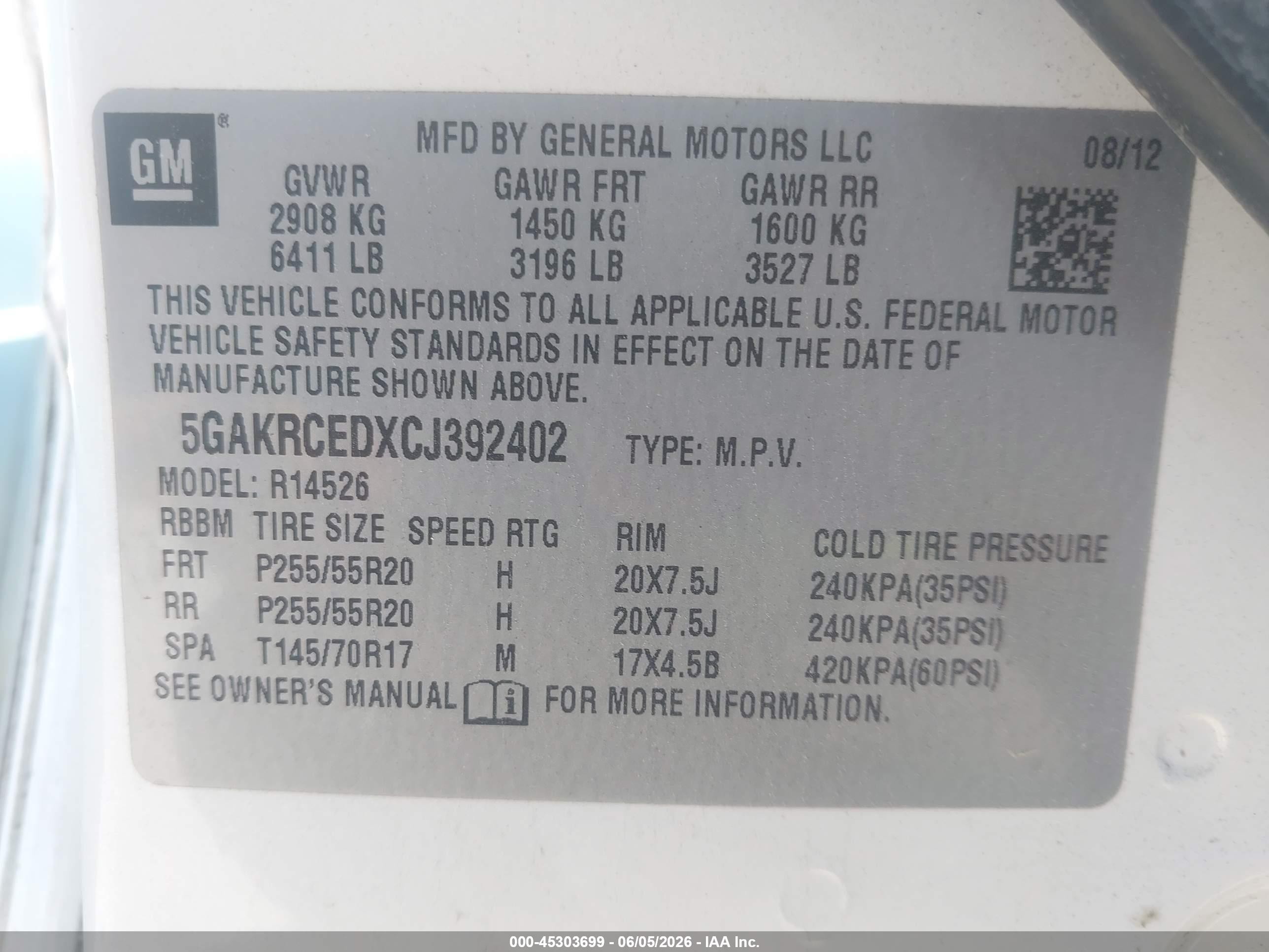 2012 Buick Enclave Leather White vin: 5GAKRCEDXCJ392402