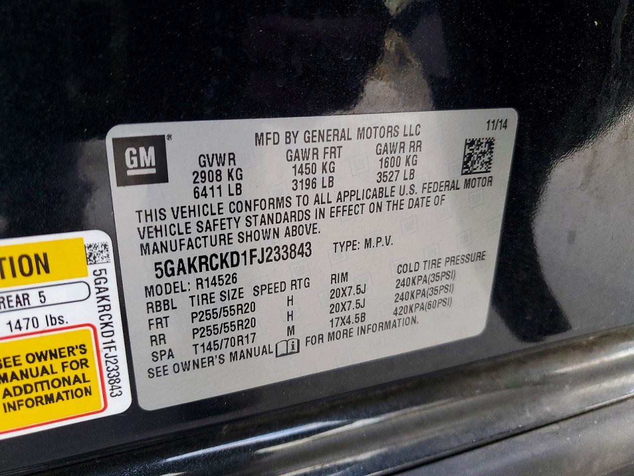 2015 Buick Enclave Угольный vin: 5GAKRCKD1FJ233843