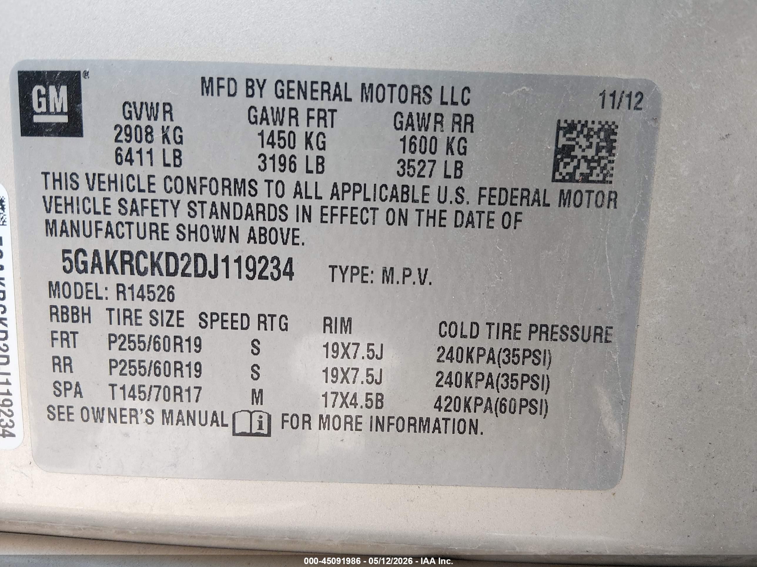 2013 Buick Enclave Leather Tan vin: 5GAKRCKD2DJ119234