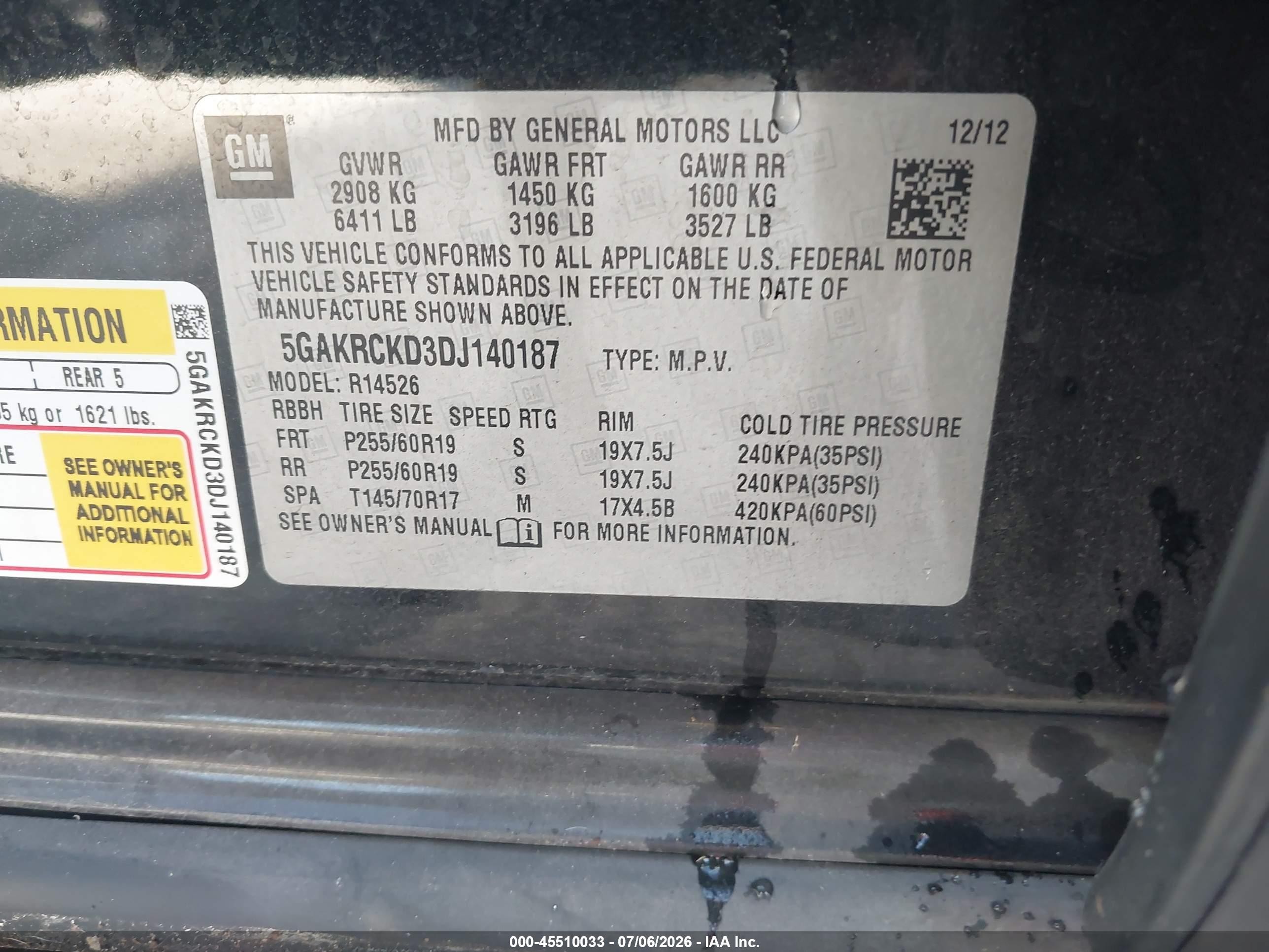 2013 Buick Enclave Leather Black vin: 5GAKRCKD3DJ140187
