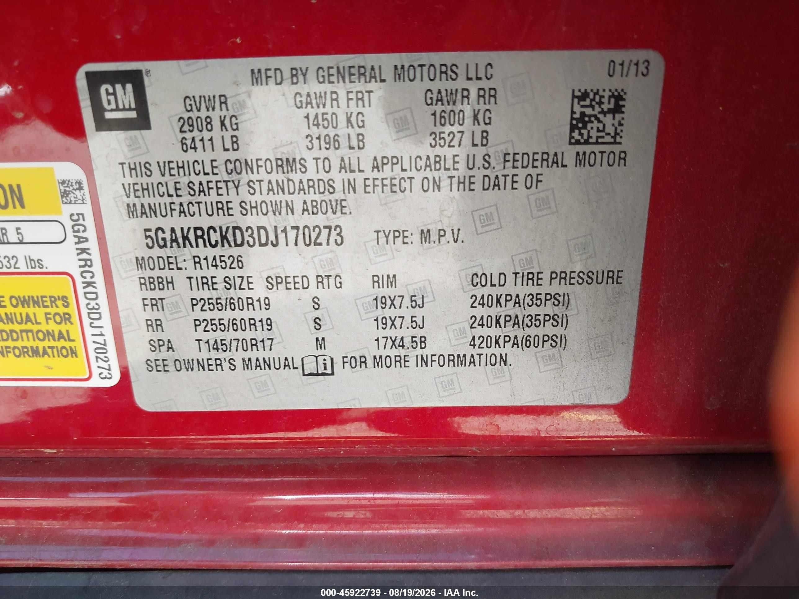2013 Buick Enclave Leather Red vin: 5GAKRCKD3DJ170273