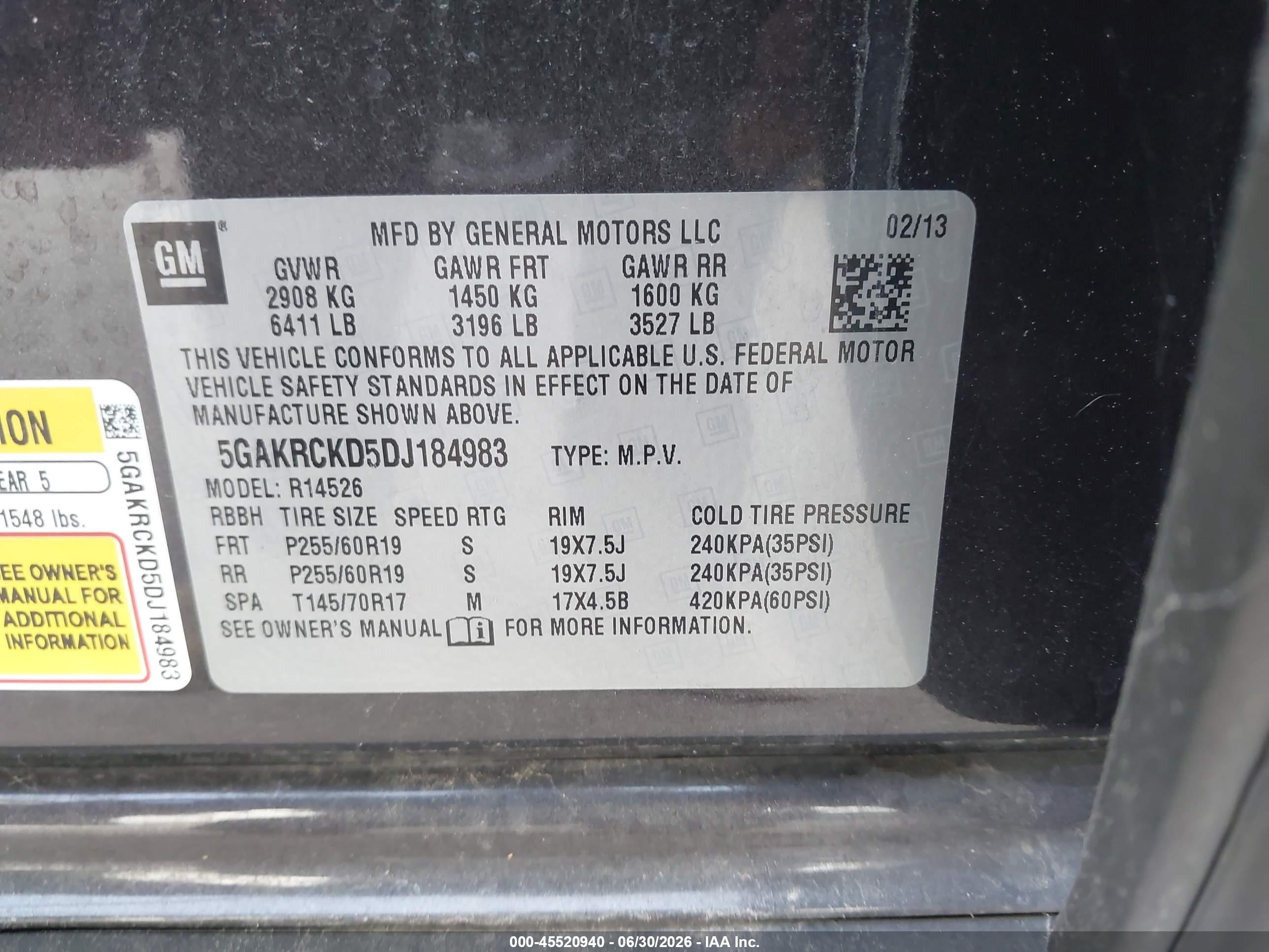 2013 Buick Enclave Leather Black vin: 5GAKRCKD5DJ184983
