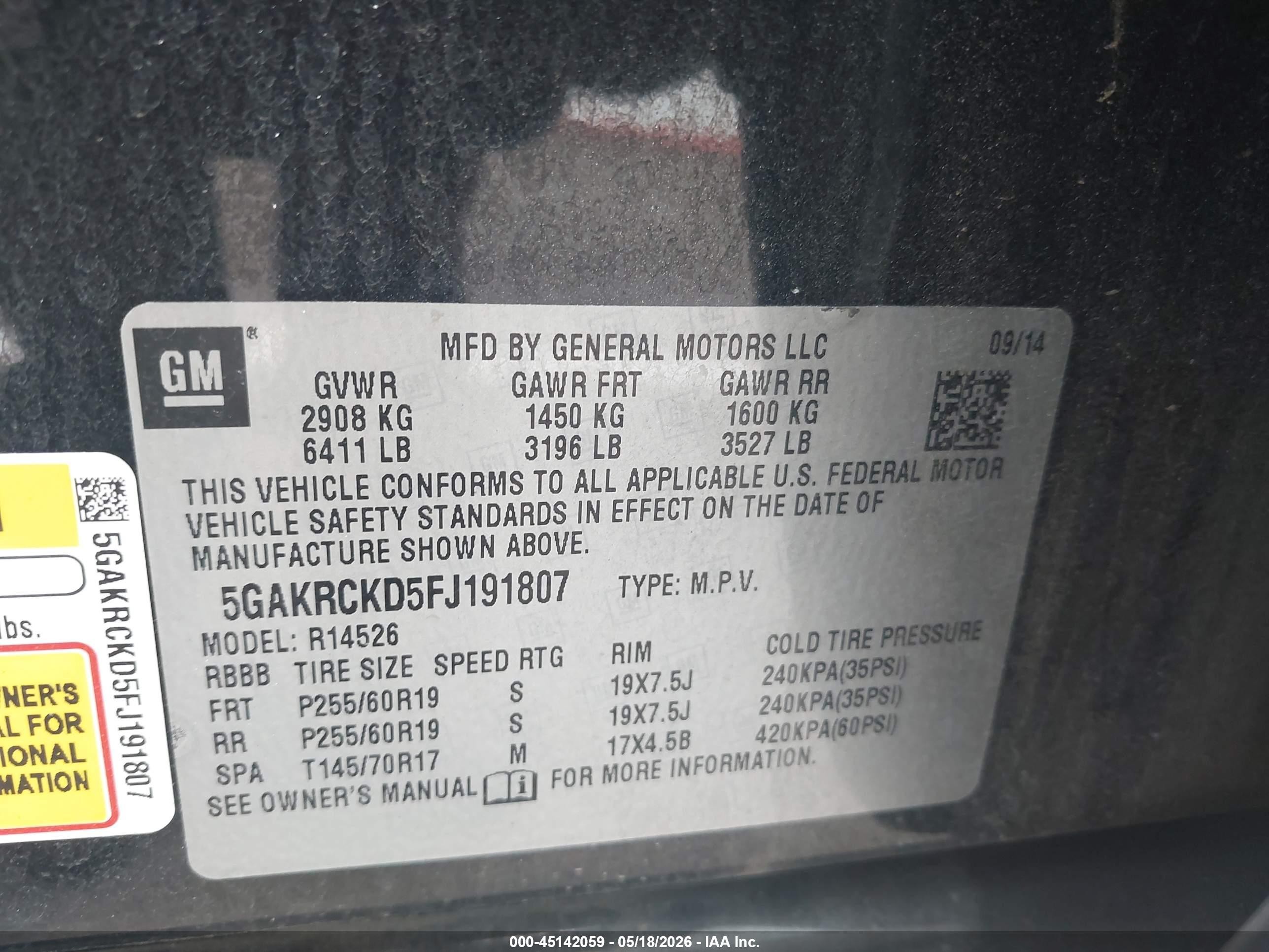 2015 Buick Enclave Premium Black vin: 5GAKRCKD5FJ191807