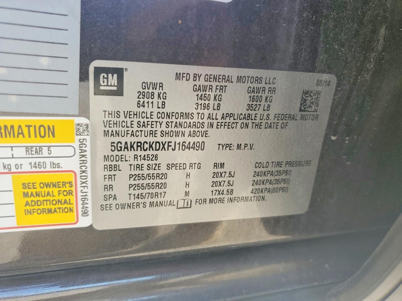 2015 Buick Enclave Charcoal vin: 5GAKRCKDXFJ164490
