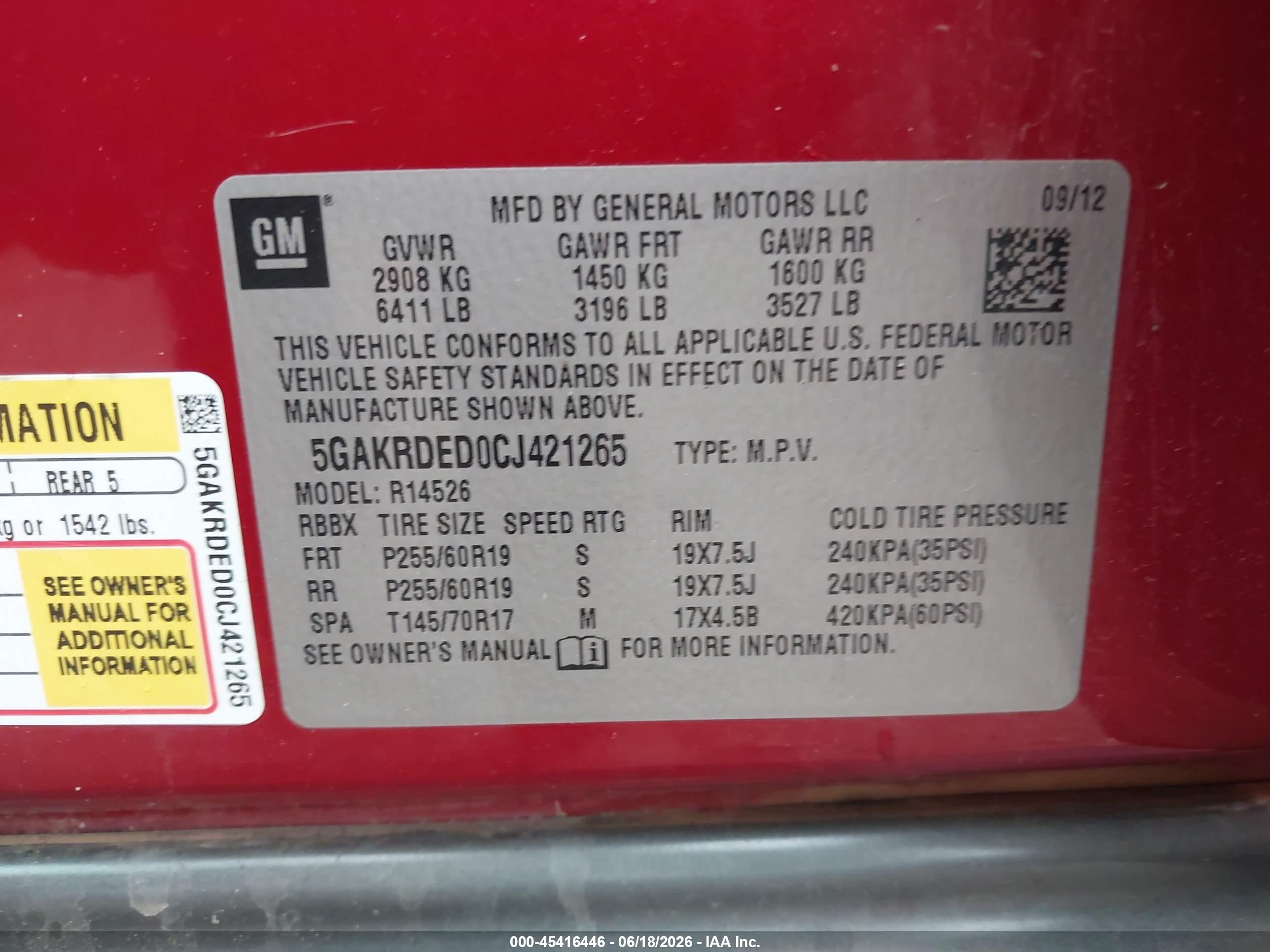 2012 Buick Enclave Premium Red vin: 5GAKRDED0CJ421265