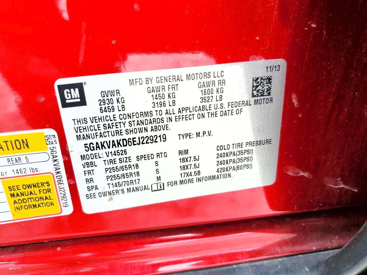 2014 Buick Enclave Red vin: 5GAKVAKD6EJ229219