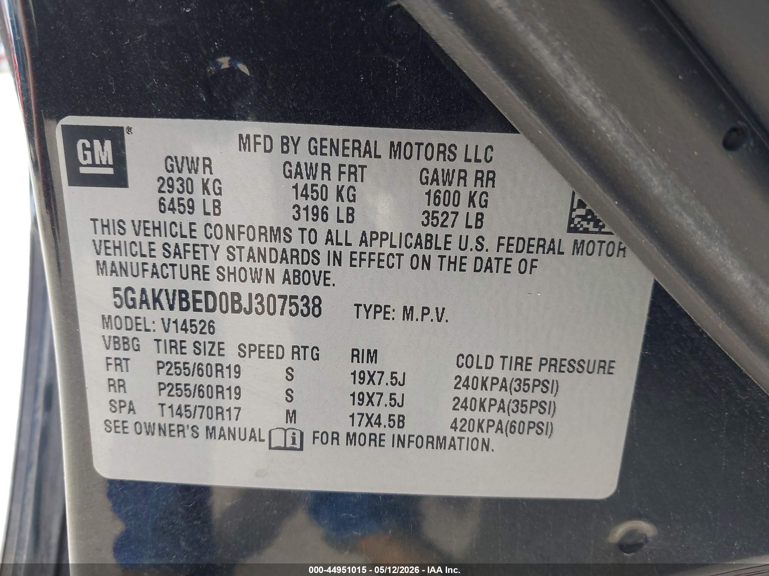 2011 Buick Enclave 1xl Blue vin: 5GAKVBED0BJ307538
